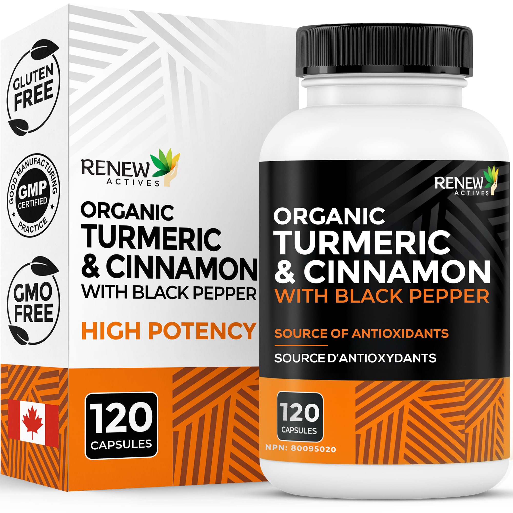 Renew Actives Organic Turmeric 474MG & Cinnamon 50MG per 2 Capsules – with Curcumin & BioPerine for Absorption – Supports Metabolism, Joint Health & Digestion – Made in Canada – 120 Capsules