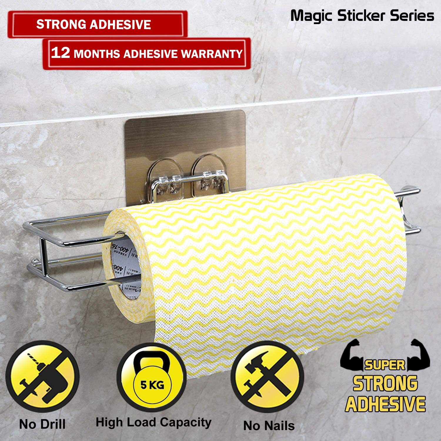 HOKIPO Magic Sticker Series Self Adhesive Chrome Metal Kitchen Tissue Paper Towel Holder