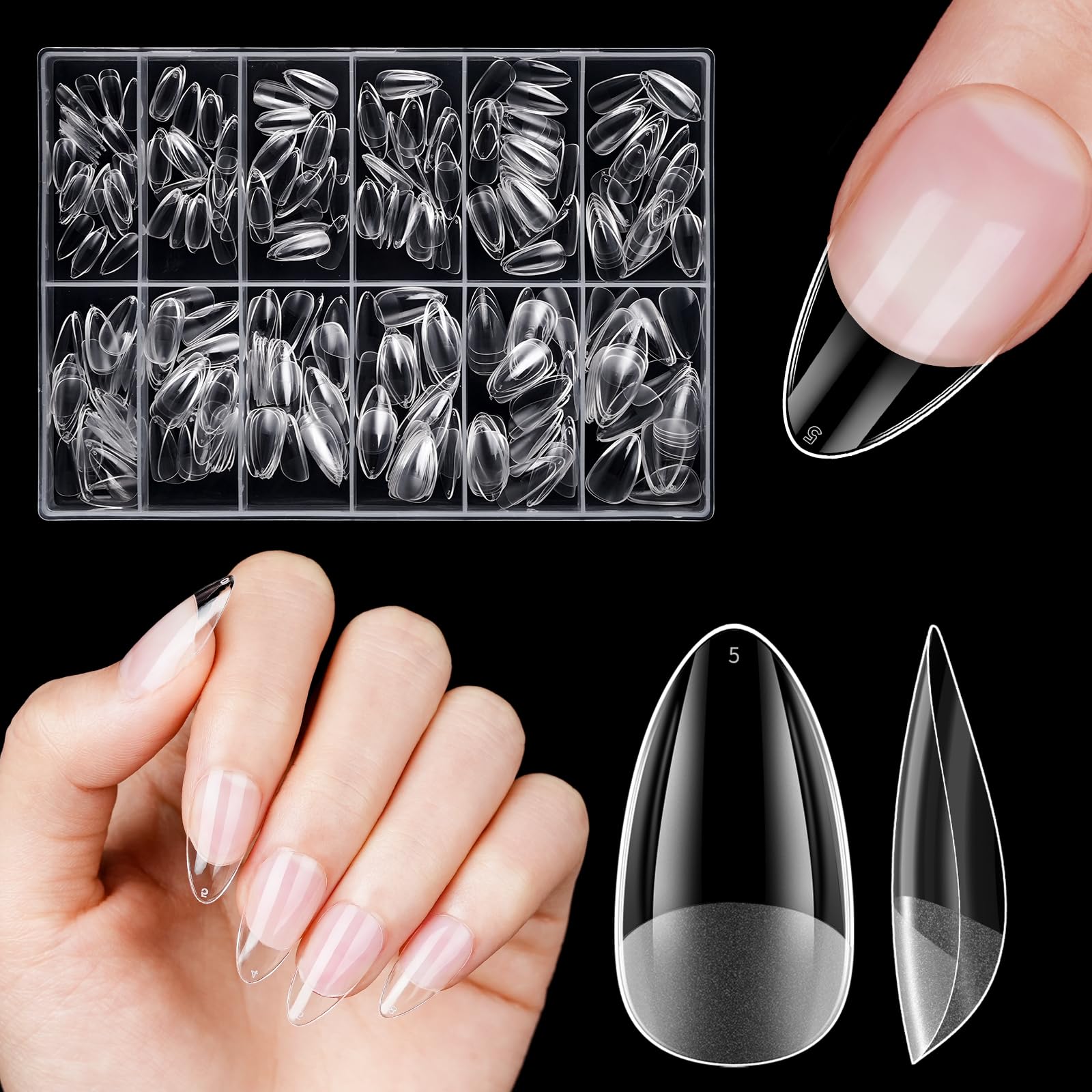 Kurze Mandel Nägel Tips, Venares 500 Stück Full Cover Nail Tips für Gelnägel 12 Größen Nageltips Kurz, Klar Soft Gel Tips Pre-buff Künstliche Nägel zum Aufkleben Kurz mit Box - XS