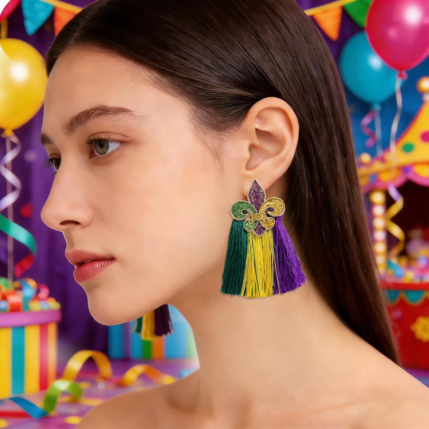 Mardi Gras Tassel Earrings Glitter Fleur De Lis Drop Earrings Purple Green Gold Dangle Earrings for Carnival Party Parade Accessories Gifts (Fleur de lis Tassel) - Image 6