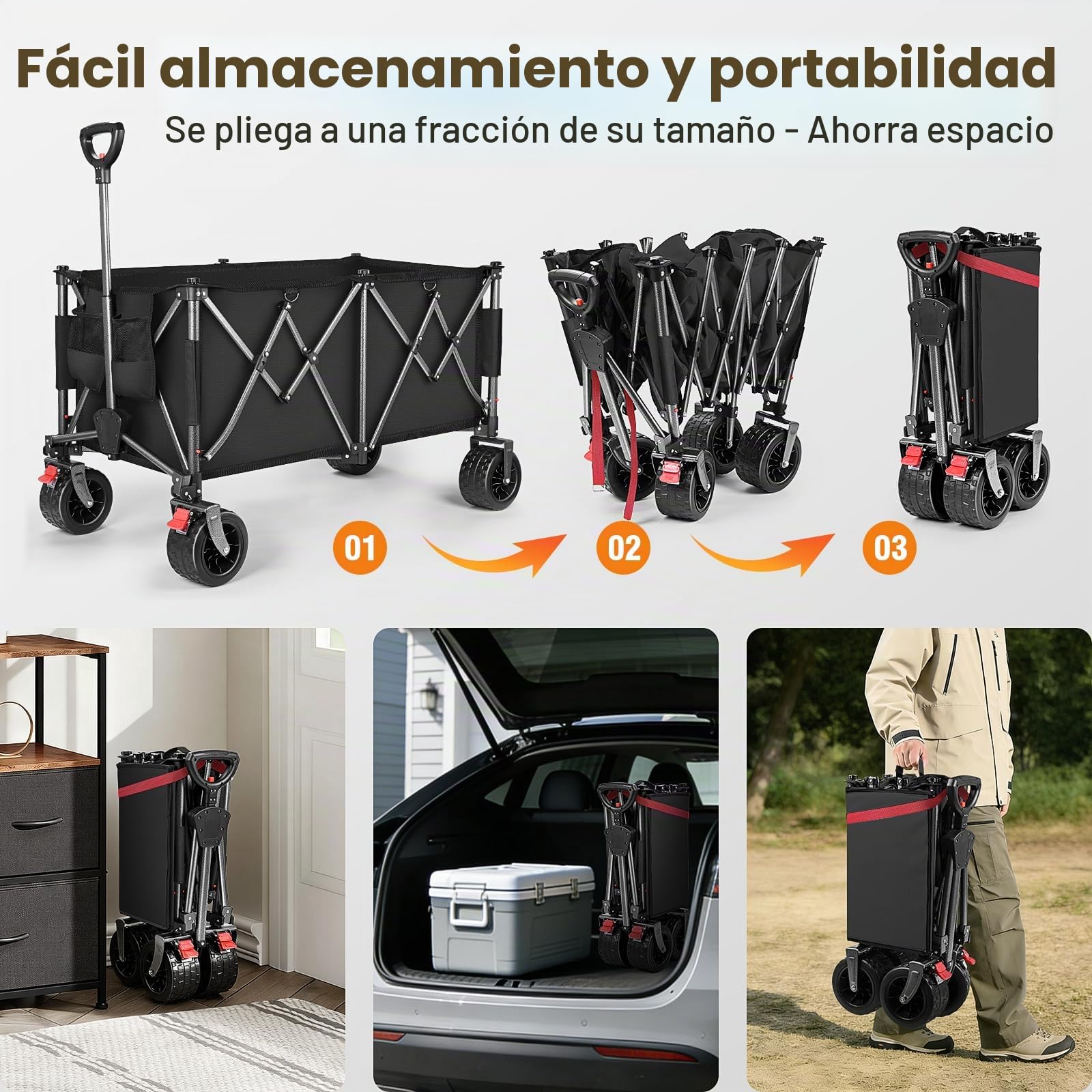 YEAUPE PRO Carro Playa Plegable con Ruedas Anchas y Frenos 255L Negro | Capacidad de 150 kg, estructura reforzada con doble freno y mango ajustable para playa, camping y actividades exteriores