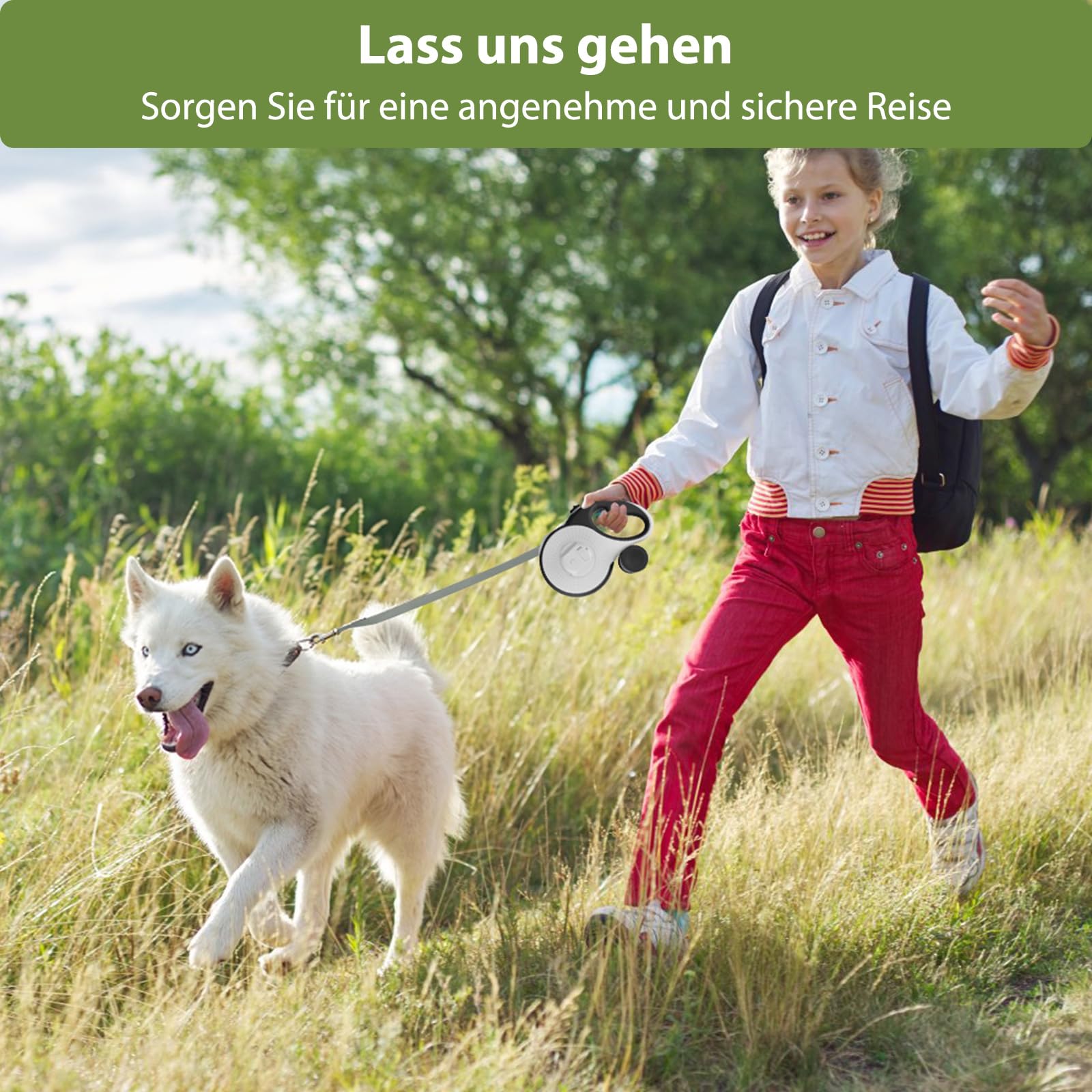Guinzaglio per cani da 8 m, con luce LED e supporto per borsa, guinzaglio senza nodi, pulsante del freno rapido e impugnatura antiscivolo, per cani fino a 50 kg, shopping, allenamento, viaggi
