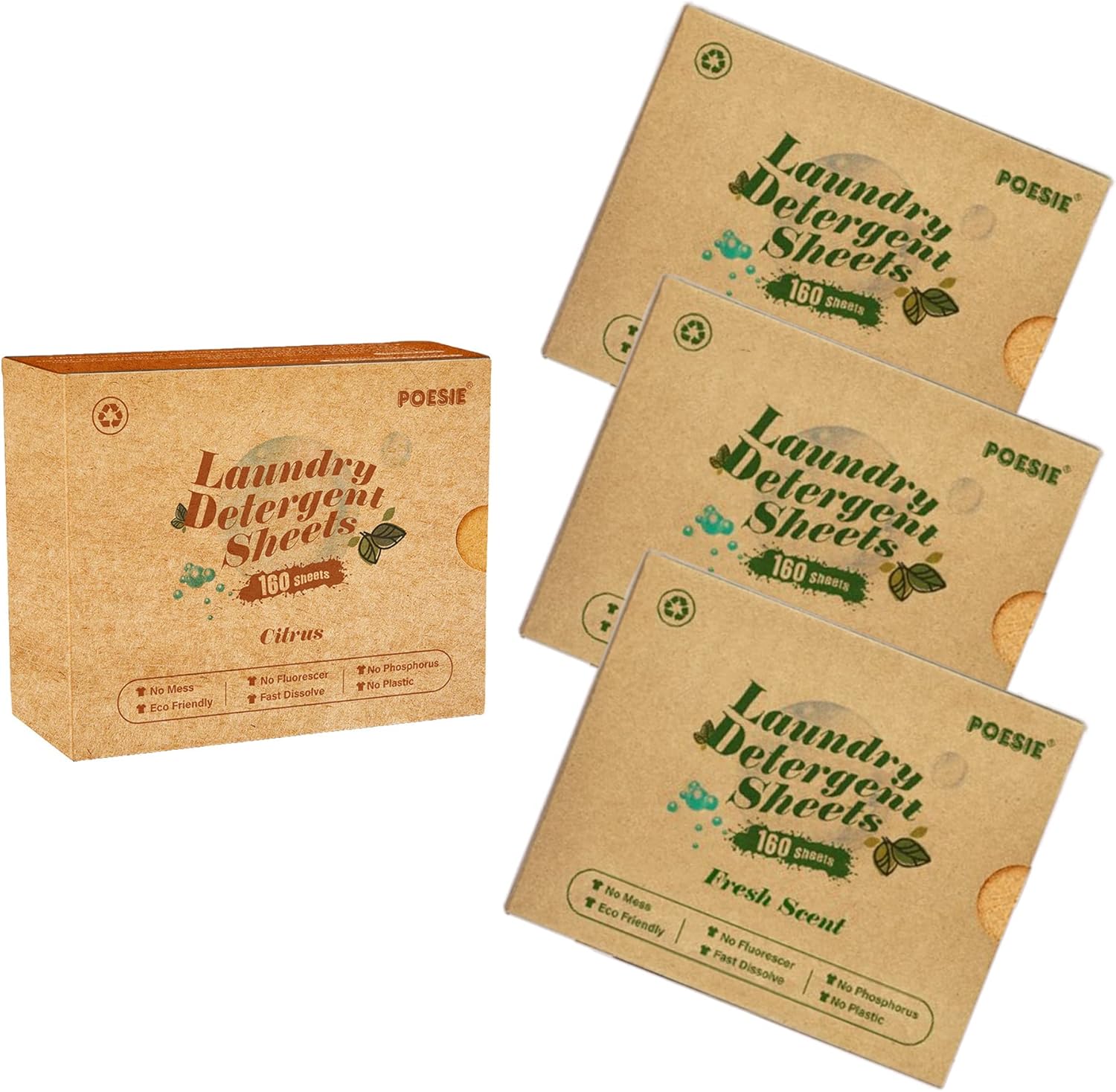 Poesie Laundry Detergent Sheet 1Pack Citrus 3Pack Fresh Scent Economical Big Size Soap Sheets for All Machine HE Portable