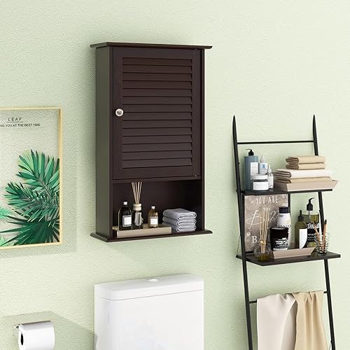 Miniatura 4 de Tangkula Botiquín de medicina, armario de baño montado en la pared, gabinete de pared de baño de madera de una sola puerta con estante ajustable