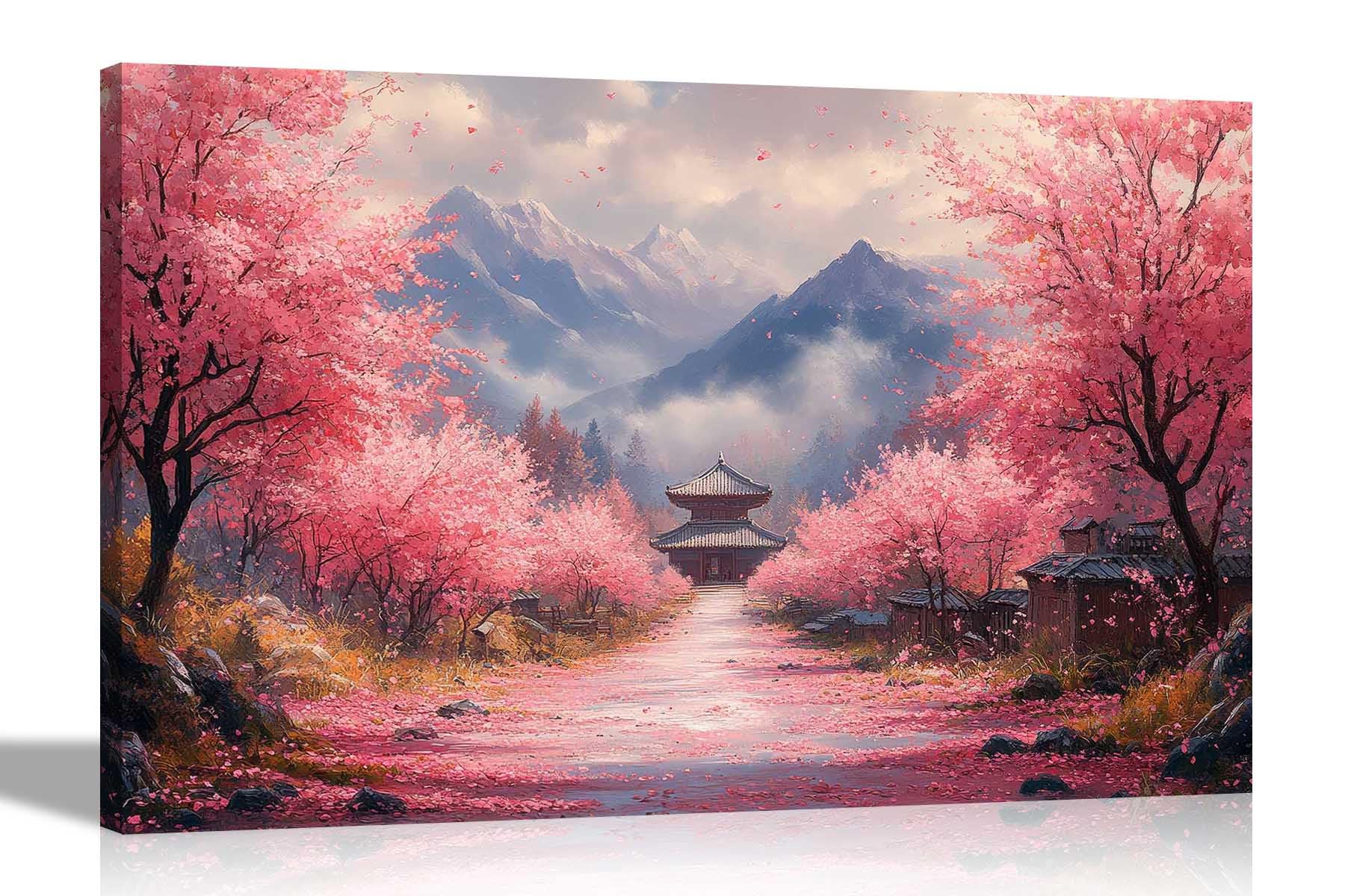 Artley Prints Mountain Landscape Temple - Japanes Temple On Mountain With Pink Trees Canvas Wall Art Prints For Bedroom Hallway Living Room Home Decorlarge 86 X 61Cm (34 X 24 Inches) A1