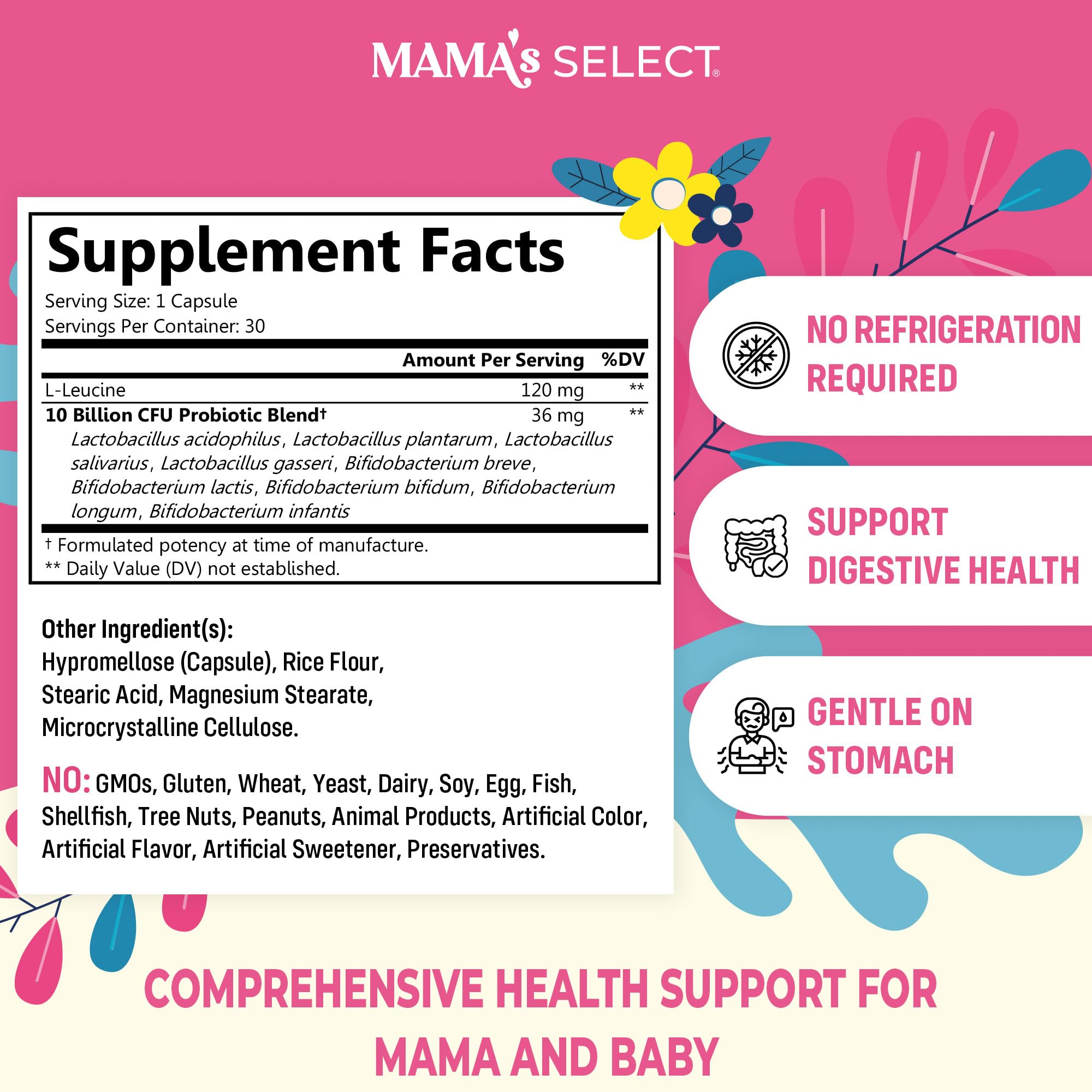 Mama's Select Probióticos prenatales para embarazadas: apoyo durante el embarazo, el posparto y el posparto. Favorecen la lactancia, la lactancia materna, la digestión y las náuseas matutinas.