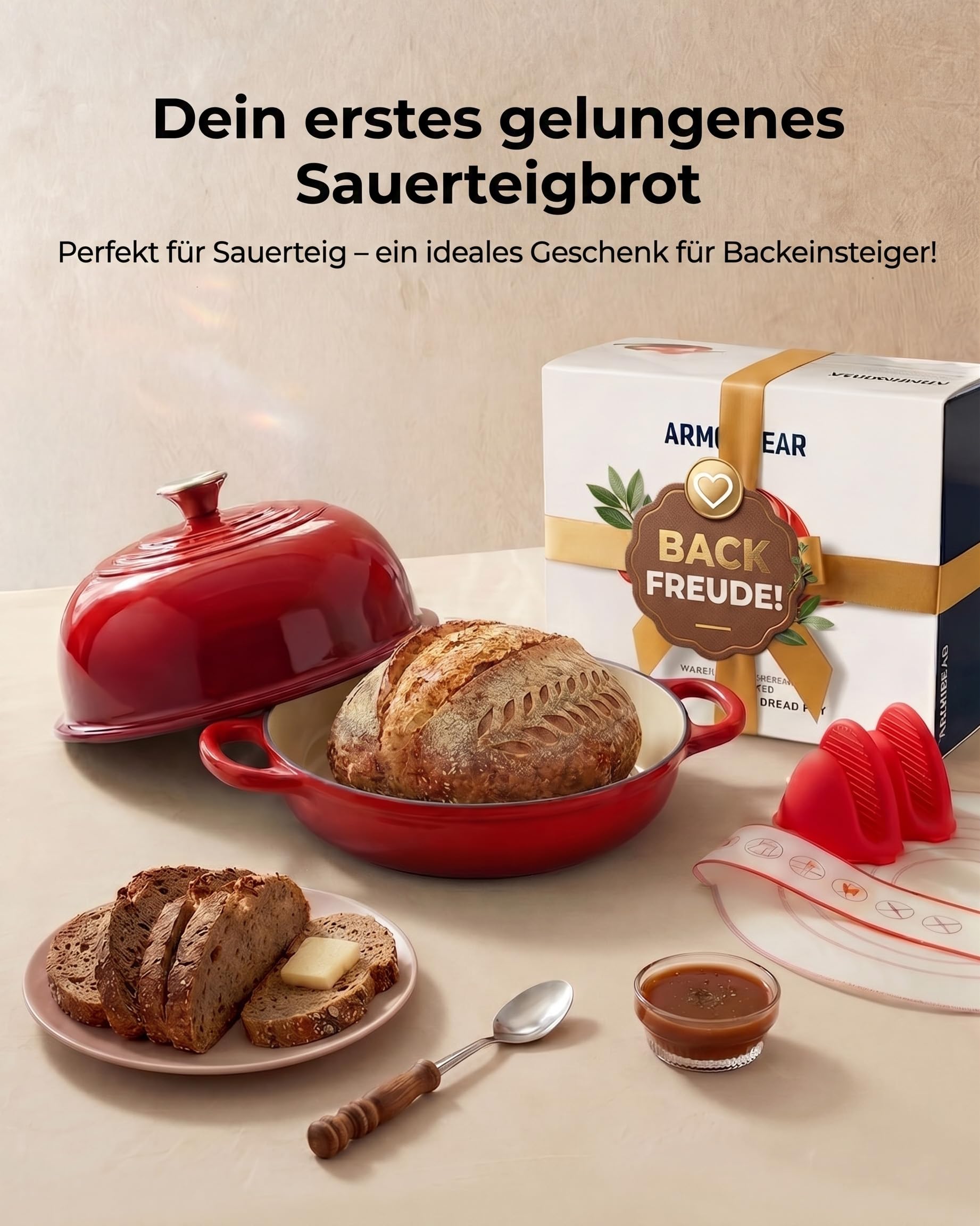 Gusseisen Topf Brot Backen, 4,7L Bräter Emaille Schmortopf mit Deckel und Griffen, 24 cm Dutch Oven, Brotbacktopf für Selbstgemachte, Geshenke für Sauerteigbäcker, Rot