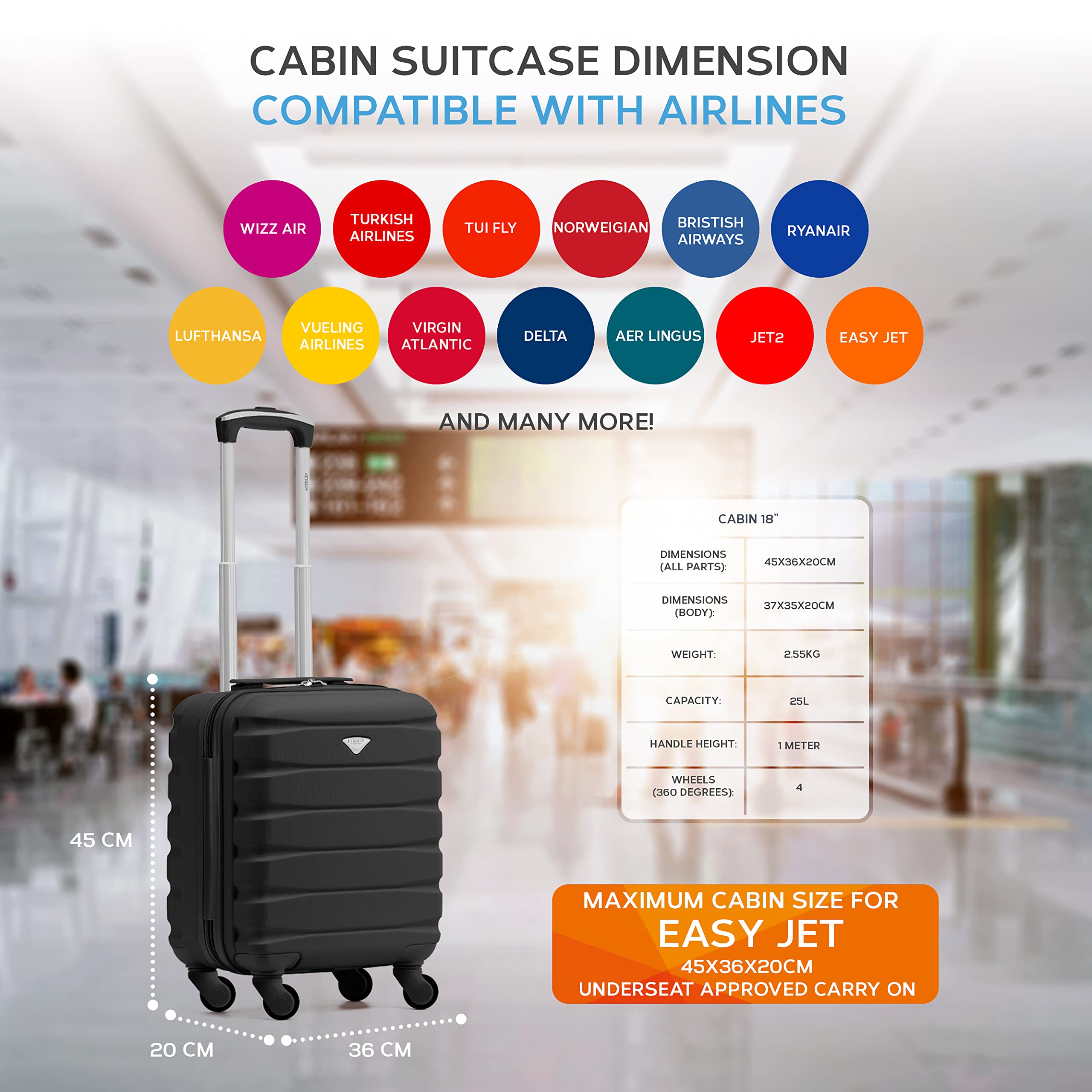 Flight Knight Suitcase Set of 2 Lightweight 4 Wheel ABS Hard Case Carry On Hand Luggage Approved for Over 100 Airlines Including British Airways, Ryanair & easyJet Approved Free Carry On 45x36x20cm
