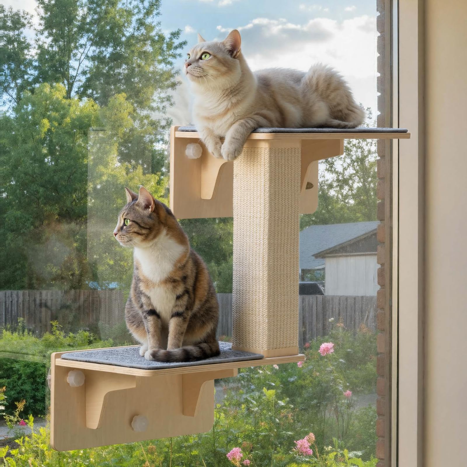 Photo 1 of Pecute Double Cat Shelves with Scratching Post for Wall and Window with Solid Wood, Strong Suction Cup, Washable Cover Mat, Cats Perch Bed for Birds Watching Inside Indoor Cat Hammock Bed