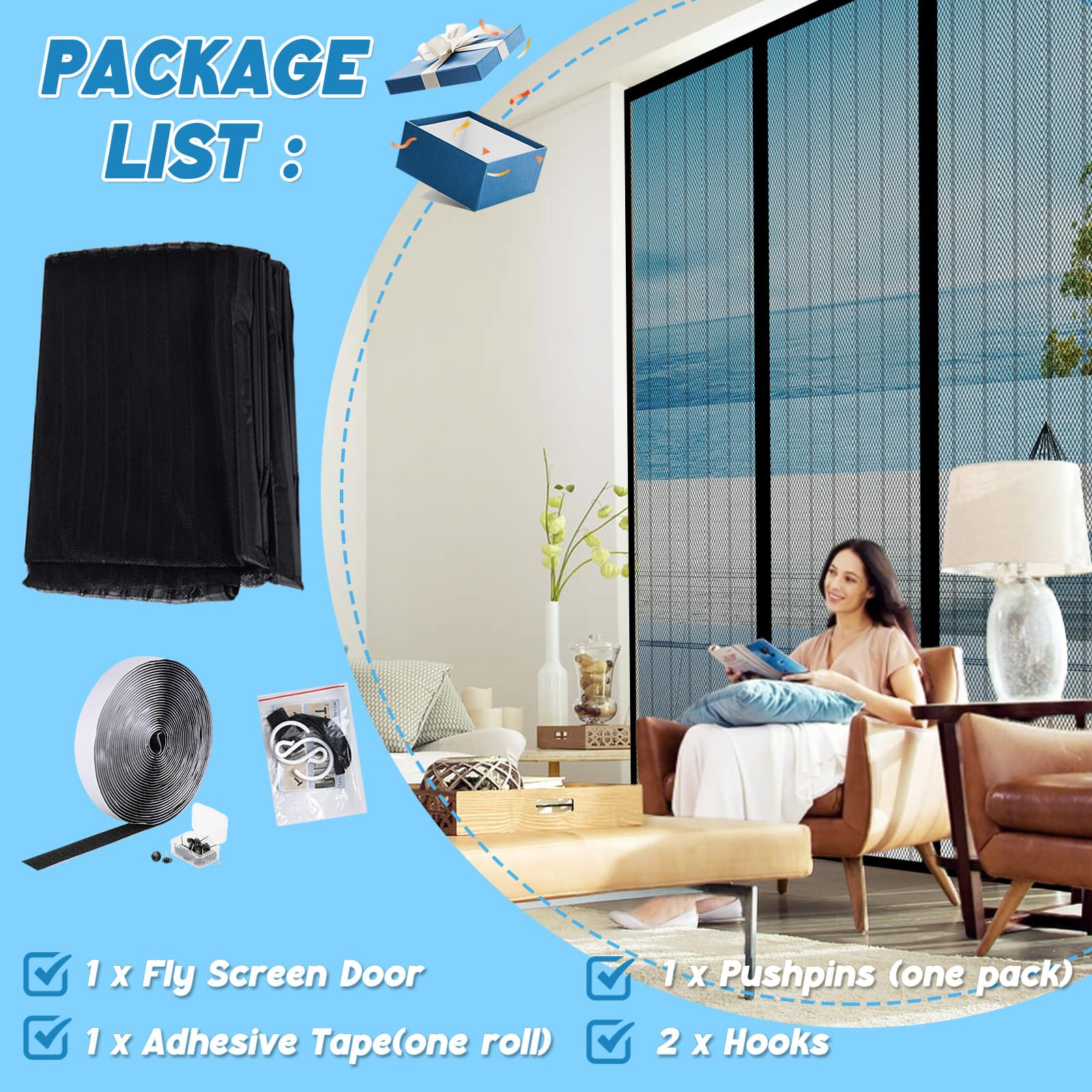 XDMYGTT Magnetische Vliegenhordeur, Witte Strepen Insectenbescherming Dubbele Deur Vliegenhor, Dubbele Deur Schuifdeur Patio Deur Muggennet, Geen Boren, Ademend Gordijn voor Patio Deur, 200x180cm