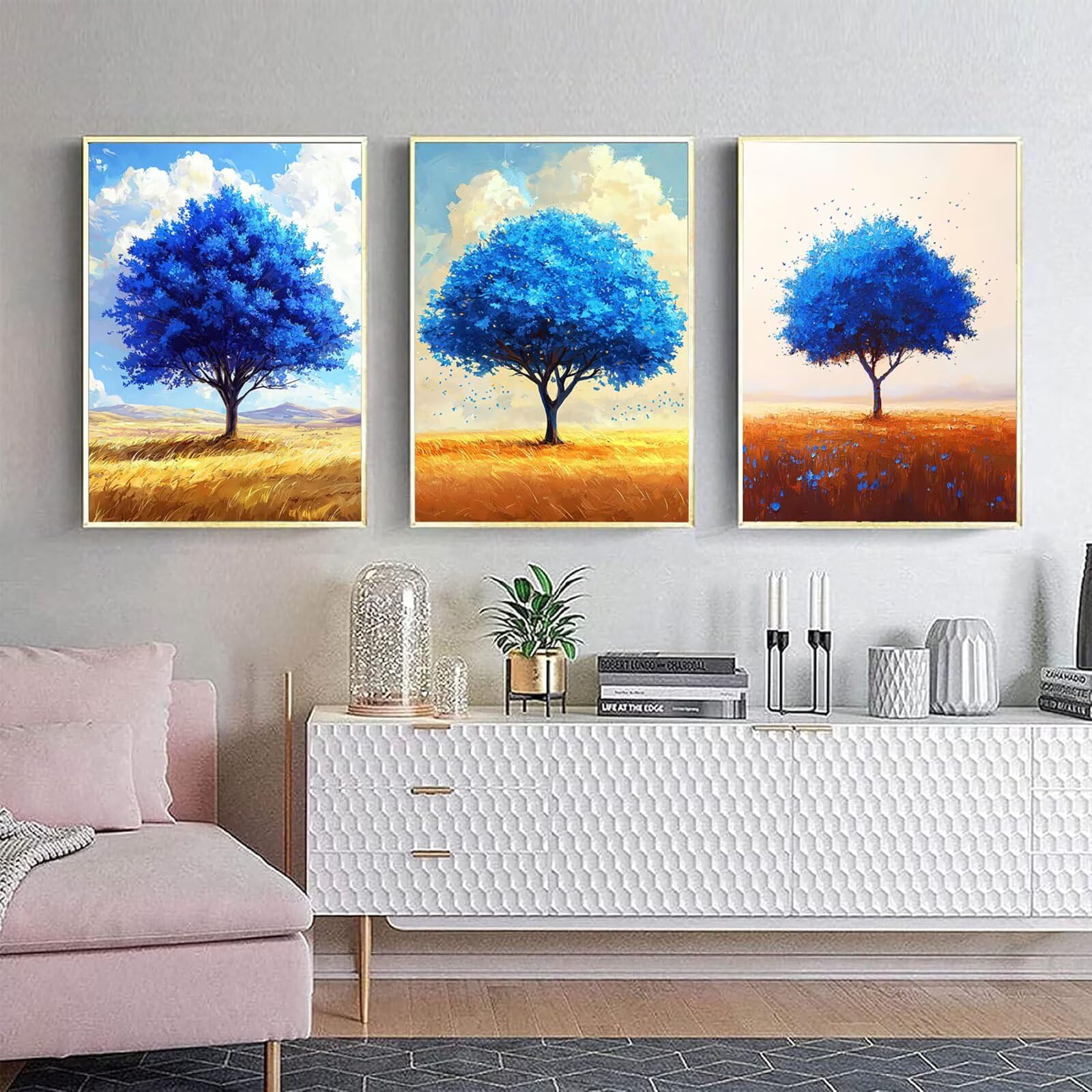 Cnyaunfi 3 Pezzi Pianta Pittura Diamante Fai-Da-Te 5D Blu Diamond Painting Kit Completo per, Hobby Creativi Adulti, Pittura Diamante Artigianale Per La Decorazione Della Parete Di Casa 70x90cm YF-3419