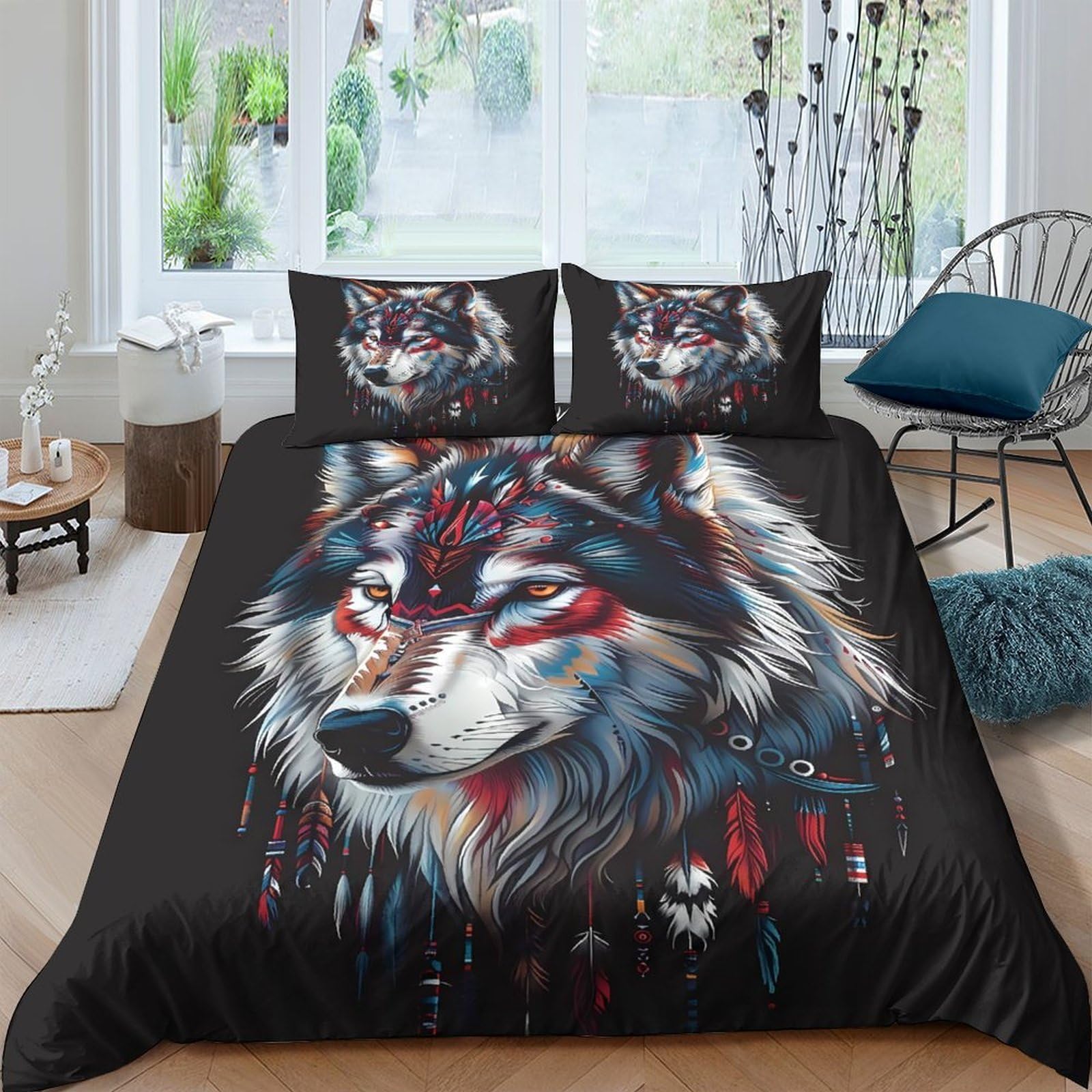 Ctjqhvkz Style-9 3D Printed Wolf Art Fitted Sheet Microfiber Soft Black Native Tribal Bed Cover For Bedroom Dorm Mattress Protection Decor Single（135X200cm）