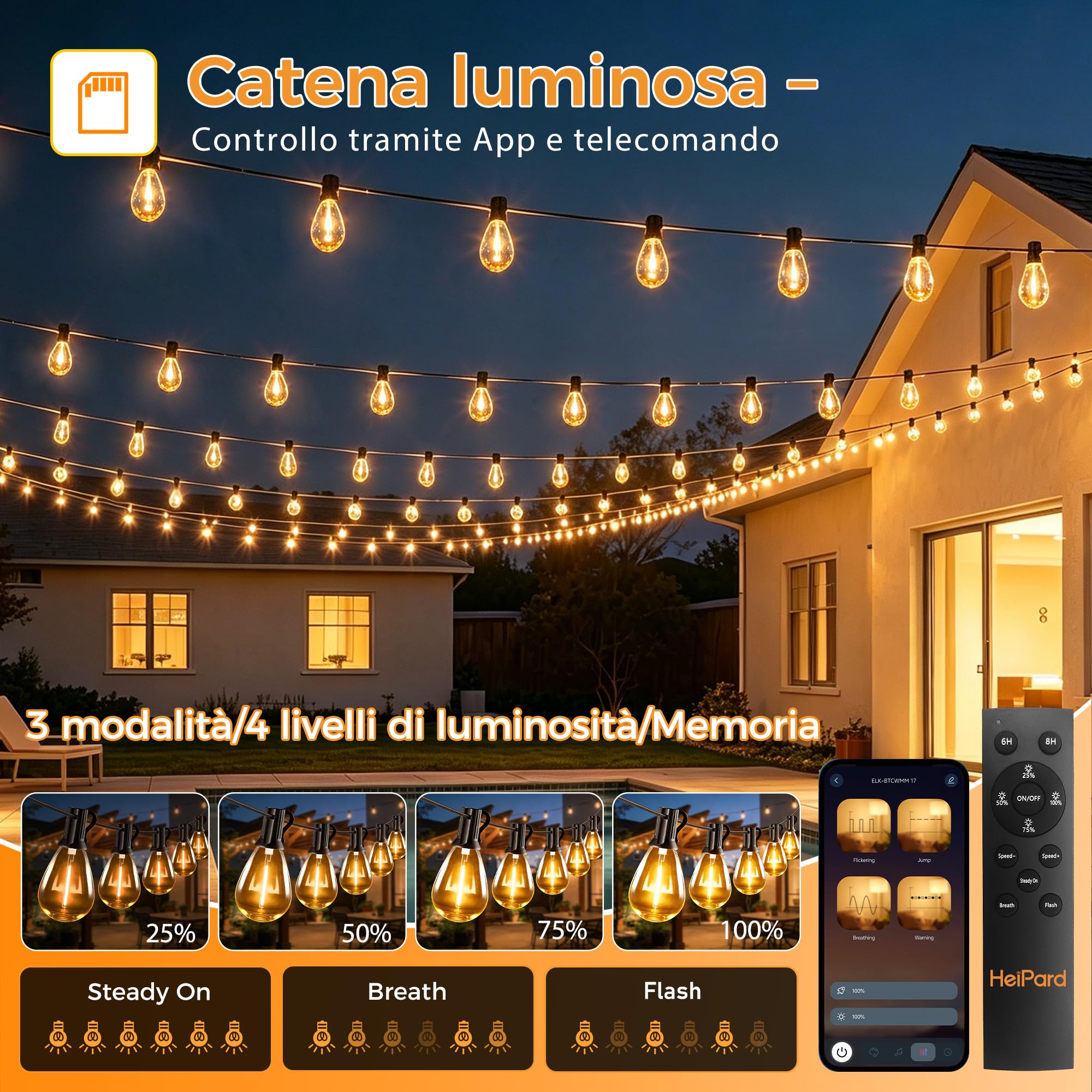 HeiPard Catena Luminosa Esterno Elettrica 30 metri, Luci da Esterno LED | 50+2 S14 Lampadine , 2700K, Telecomando e APP, Dimmerabile, Timer, IP44 per Giardino, Balcone, Terrazza e Feste
