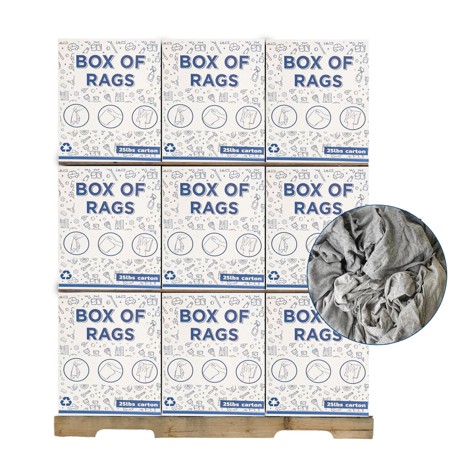 Recycled Gray T-Shirt Rags 600 lb Pallet 24 x 25 lb Boxes Heavy-Duty Cotton Cloths for Polishing Cleaning