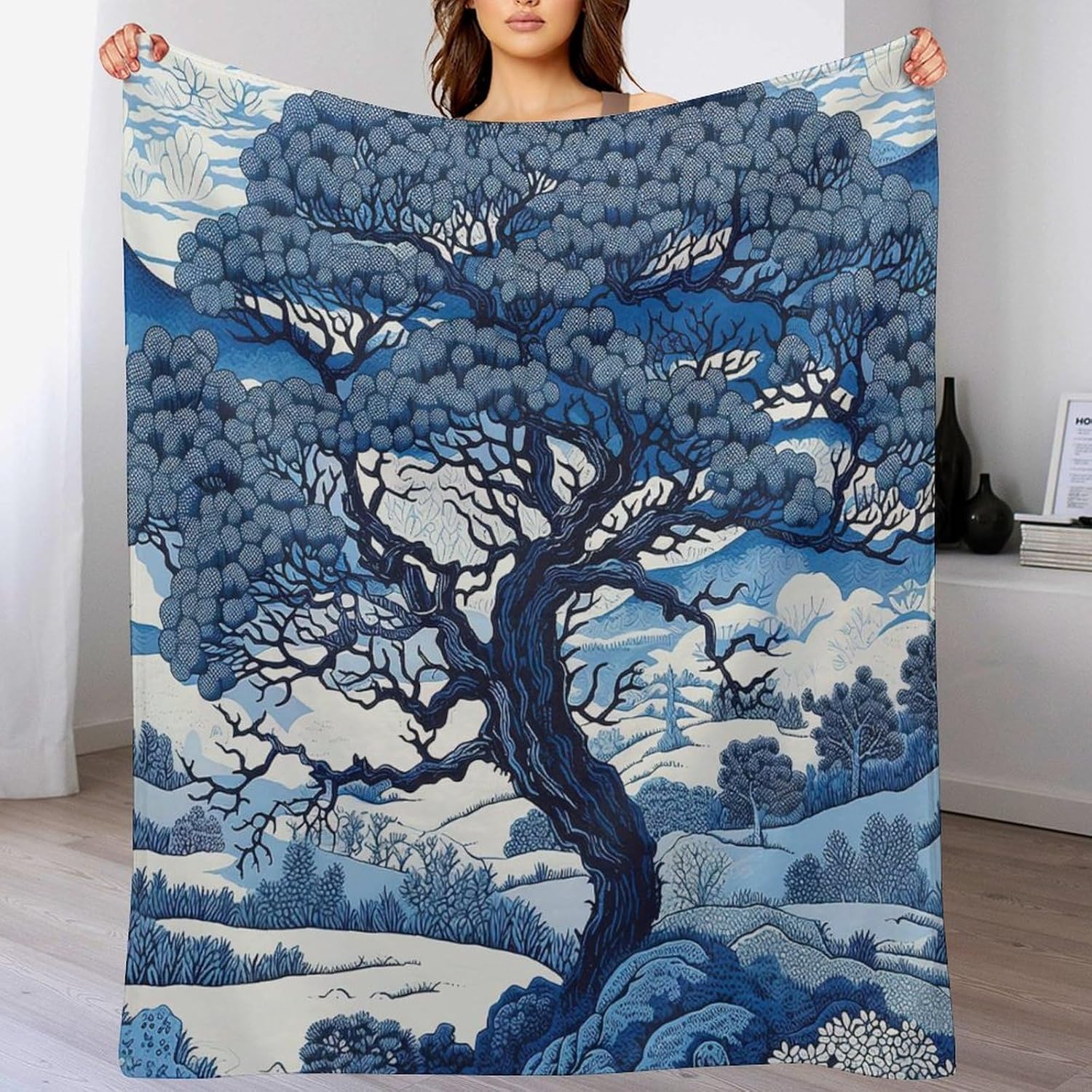 ArogGeld Indigo Blue and White Indigo Scenic Soft Luxury Flannel Blanket Asian Dynasty Royal Blue Chinoiserie Warm Throw Blanket for Camping and Travel for Winter 70x80in