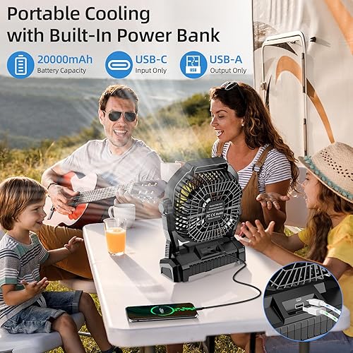 Miniatura 3 de Ventilador de camping recargable, ventilador portátil con batería de 20000 mAh con luz LED y gancho, 4 velocidades ajustables a 270, esenciales de