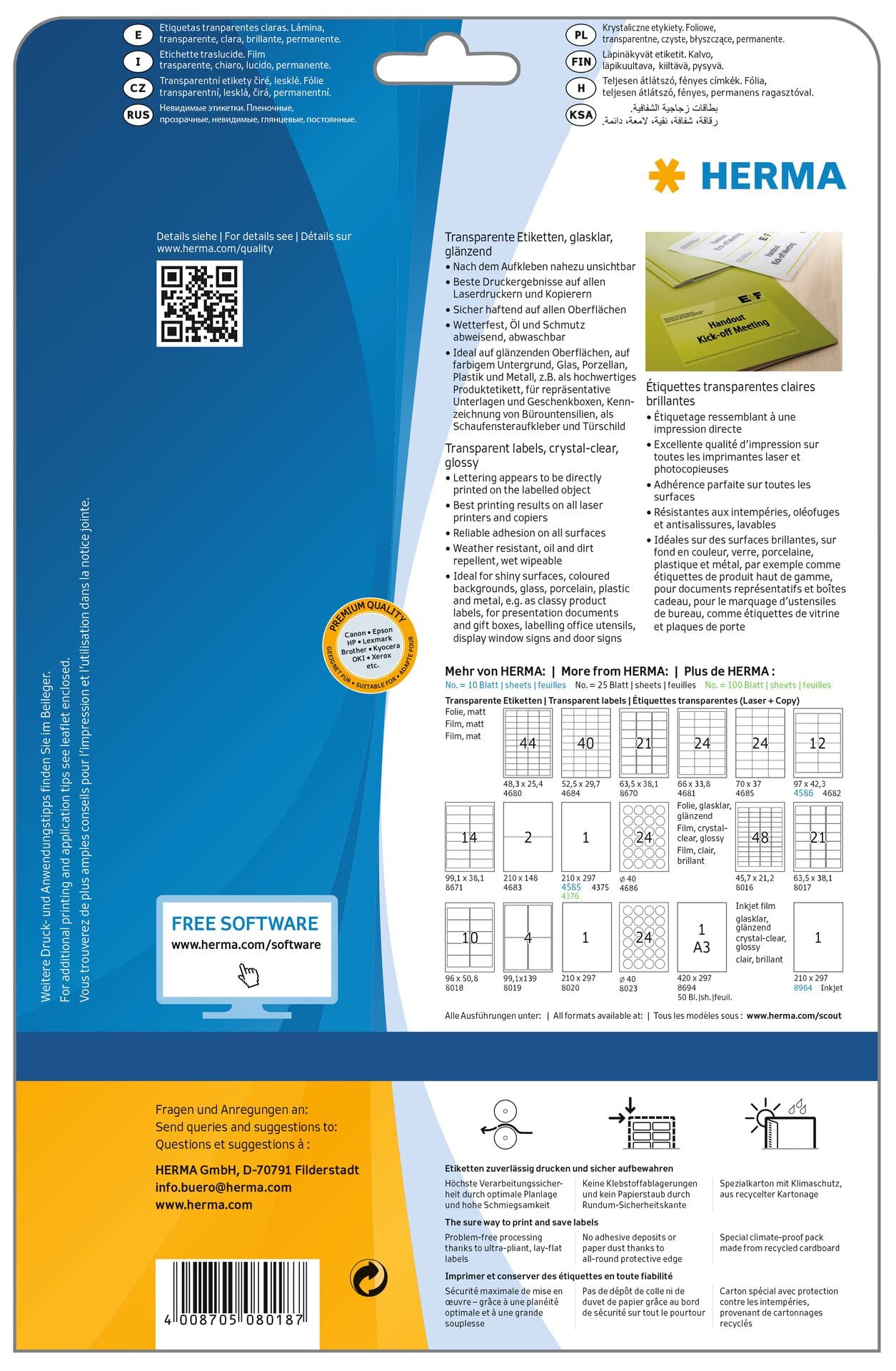 HERMA 8694 Wetterfeste Folienetiketten transparent, 50 Blatt, 297 x 420 mm, 1 pro A3 Bogen, 50 Stück, selbstklebend, bedruckbar, glänzend, blanko Klebeetiketten Aufkleber aus Folie, durchsichtig