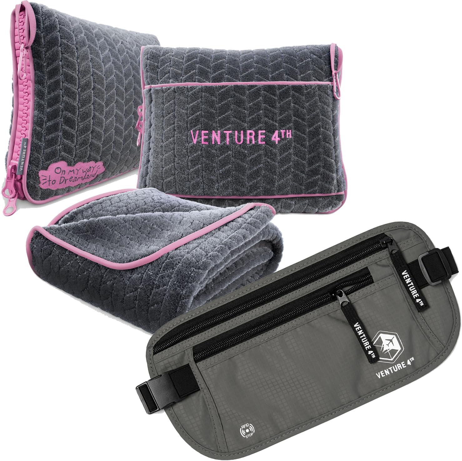 VENTURE 4TH Ultimate Travel Comfort Bundle: RFID Blocking Money Belt & Travel Blanket Pillow (Gray Money Belt & Gray-Pink Blanket/Pillow)