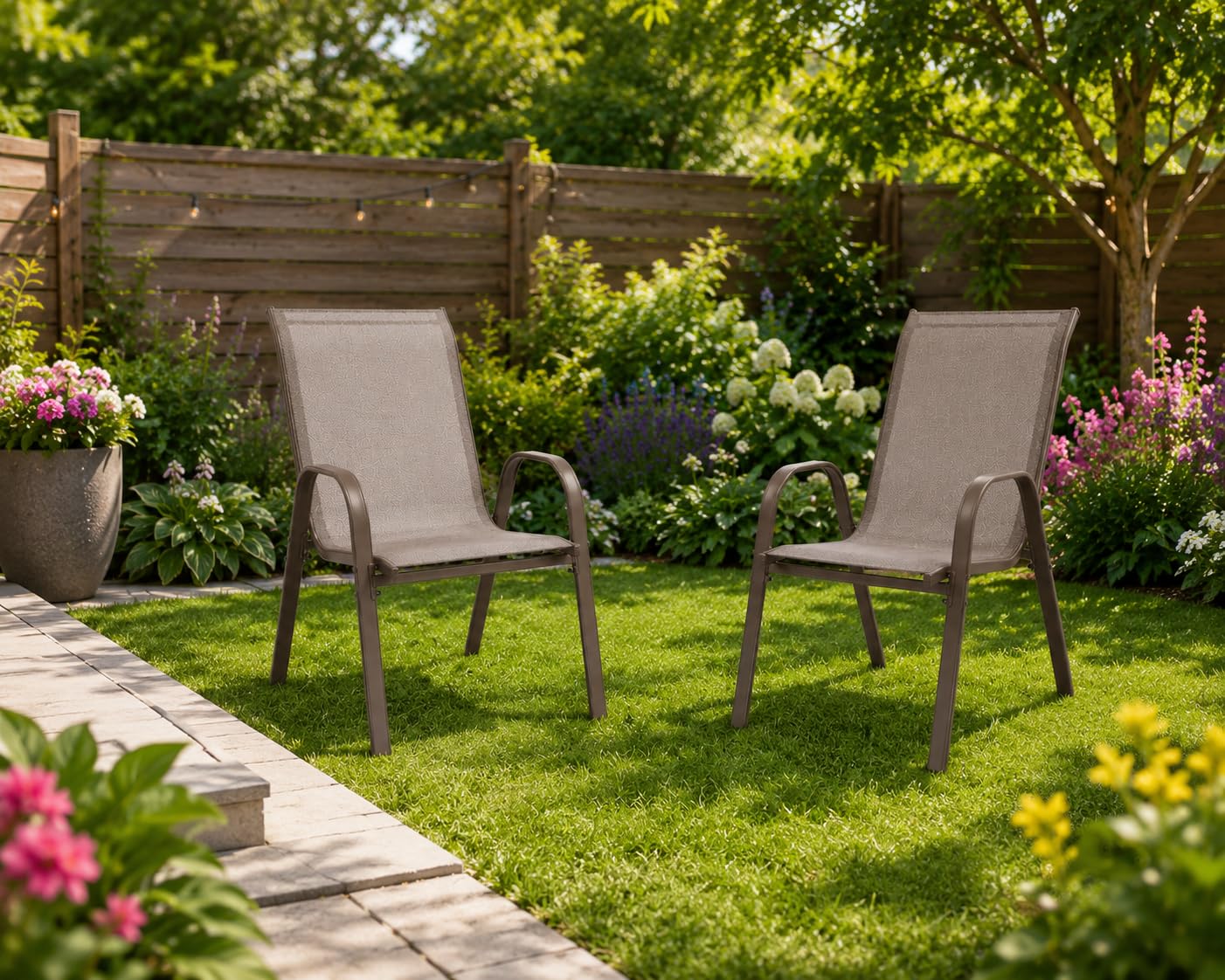 Creative Outdoor Patio Outdoor Chairs Set of 2, Brown Metal Frame, Nylon Mesh Fabric, Stackable Dining Chairs-image-28