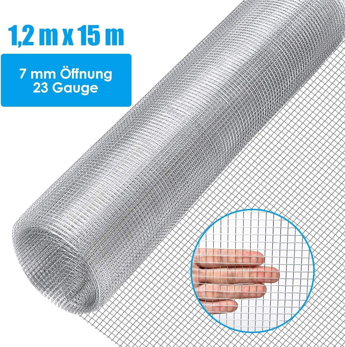 FANTASK Siatka druciana o drobnych oczkach, 15 m x 1,2 m, szerokość oczek 7 mm, ogrodzenie z drutu ocynkowanego, kratka na norniki do wysokich grządek w ogrodzie