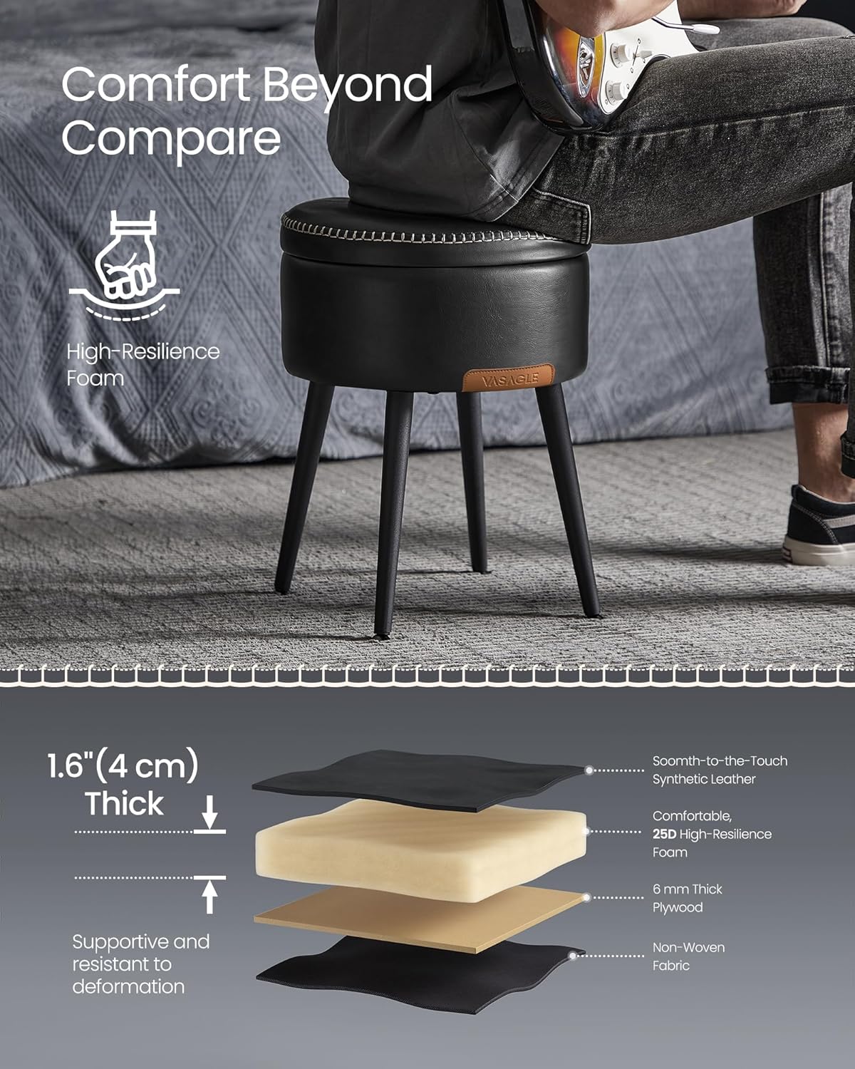 VASAGLE EKHO Collection - Storage Ottoman, Vanity Chair Stool, Synthetic Leather with Stitching, Mid-Century Modern, Round Storage Seat with Steel Legs, Loads 330 lb, Ink Black ULOM005B01 - Image 7