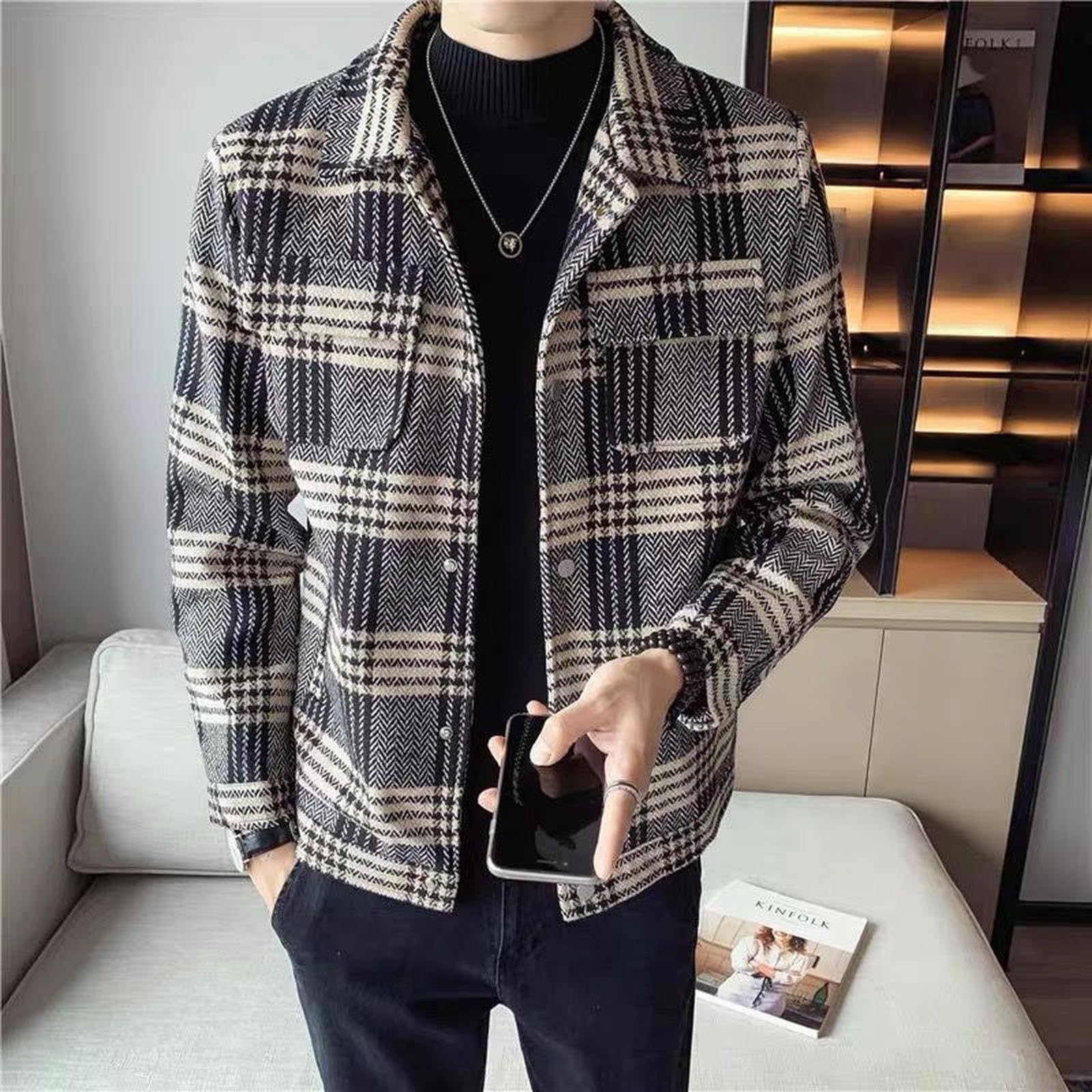 Veste en laine à carreaux pour hommes, manteau court et épais, slim et beau, automne et hiver