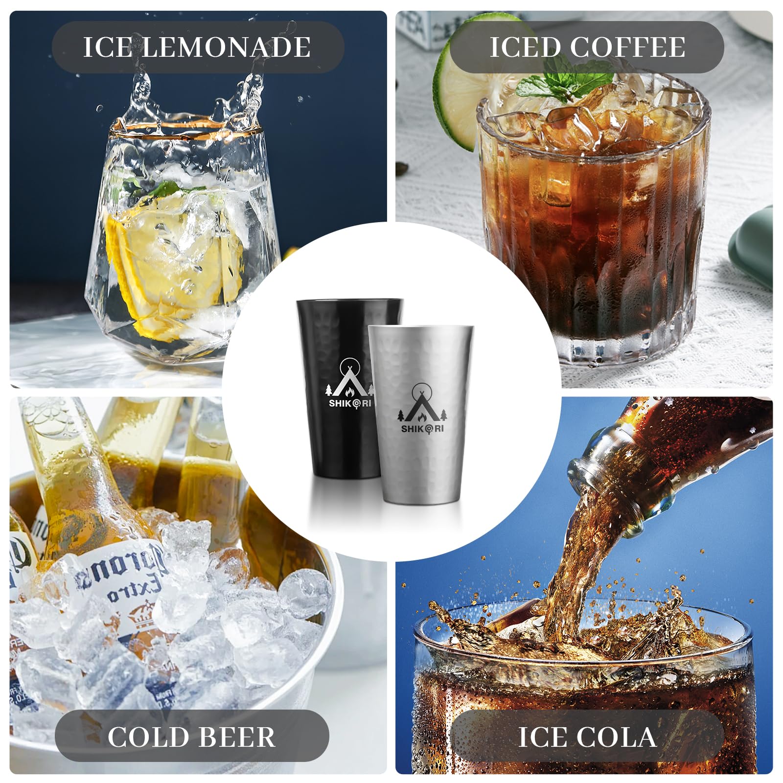 SHIKORI Vasos de metal de 15 onzas, taza de café helado para bebidas frías, vasos de aluminio puro, vasos de cerveza martillados para fiesta de cumpleaños, camping, viajes, suministros al aire libre