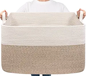 Goodpick Extra Large Woven Blanket Basket, 23.6" x 15.7" x 13.8" Storage Organizer for Blankets, Toys, Dirty Clothes, Rectangle Cotton Rope Basket for Living Room, Nursery, Bedroom