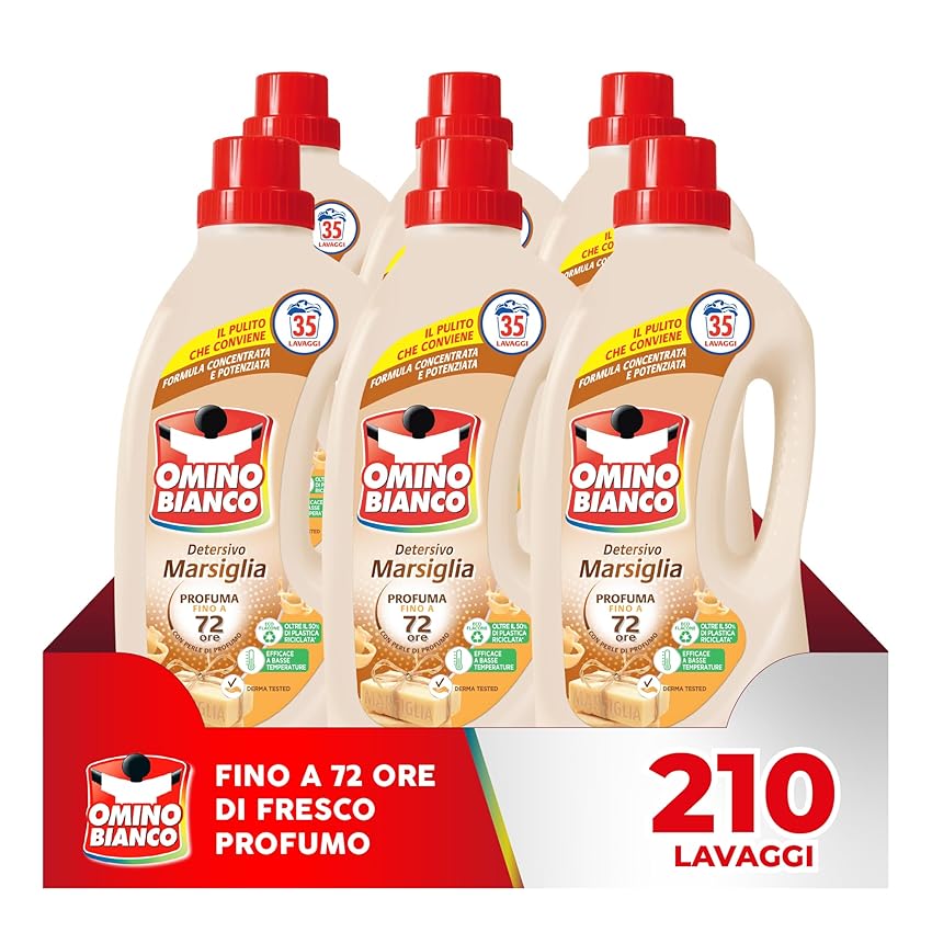Omino Bianco - Detersivo Lavatrice Liquido, 210 Lavaggi, Rispetta Colori e Tessuti, Fresco Profumo con Essenza Cuore di Marsiglia, 1400 ml x 6 Confezioni