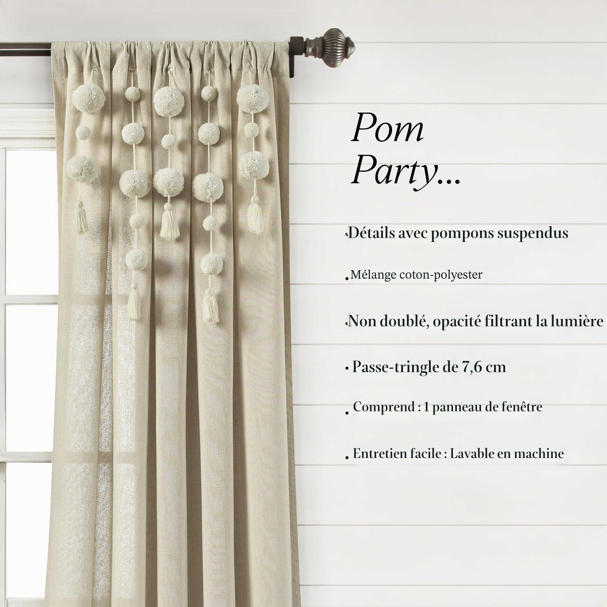 Lush Decor Rideau de fenêtre bohème à Pompons (Panneau Simple), 241,3 cm de Long x 132,1 cm de Large, Lin foncé