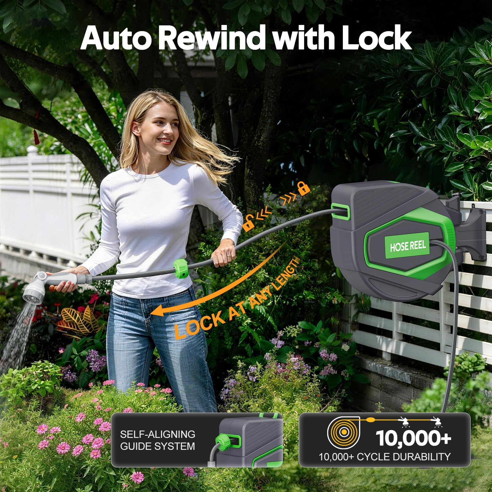 Enrouleur Tuyau Arrosage Mural 28+2m, Devidoir Automatique 180° Pivotant, Tuyau 1/2", Auto-Stop & Any-Lock, avec Pistolet d’Arrosage Multifonction et Adaptateur Robinet, pour Jardin, Voiture