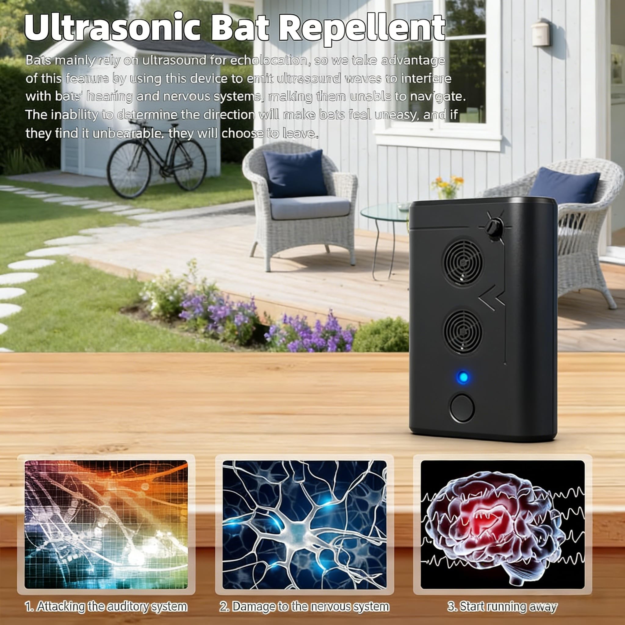 Lot de 2 dispositifs répulsifs à ultrasons pour chauves-souris - Appareil pratique pour enlever les chauves-souris et oiseaux - Pour garder les chauves-souris loin des greniers, des maisons et des