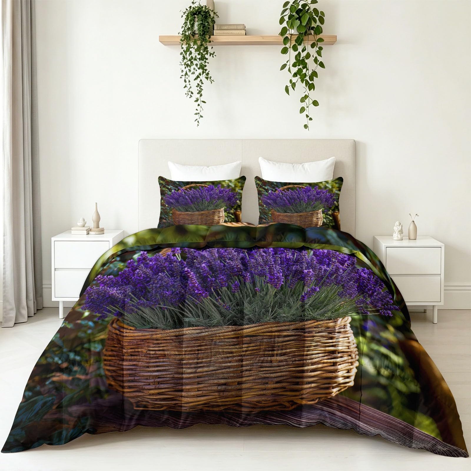 Genérico Kołdra z wypełnieniem nordyckim 220x240cm Lavender Flower Basket Quilt Bedding 3D Print Soft Breathable, Supersoft 4 Seasons with 2 Pillowcases