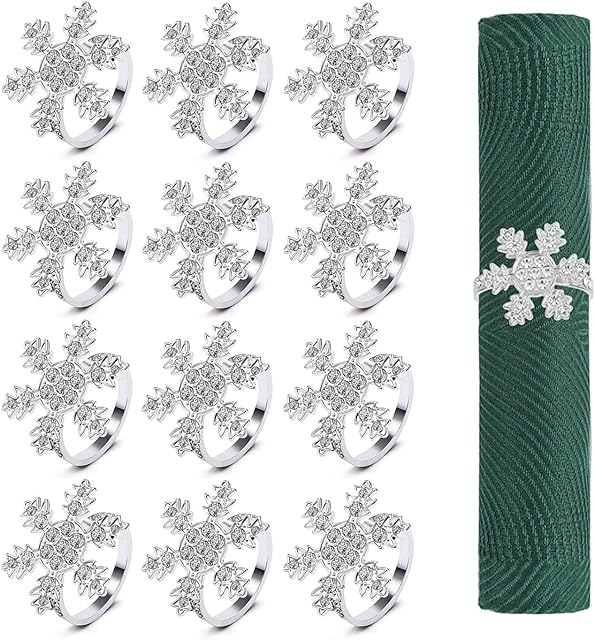 KAHEIGN 12Pcs Christmas Napkin Rings, Silver Snowflake Napkin Holders Xmas Napkin Buckle with Rhinestone for Christmas Lunch Thanksgiving Party Holiday Wedding Table Decoration (4.5cm x 4.5cm)