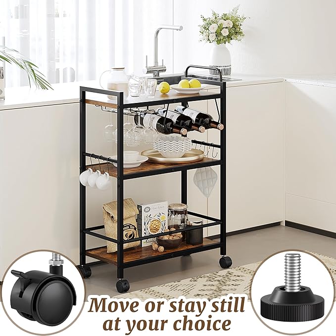 Carro de servicio para bar con ruedas, 3 niveles, soporte para vinos y copas miniatura 7