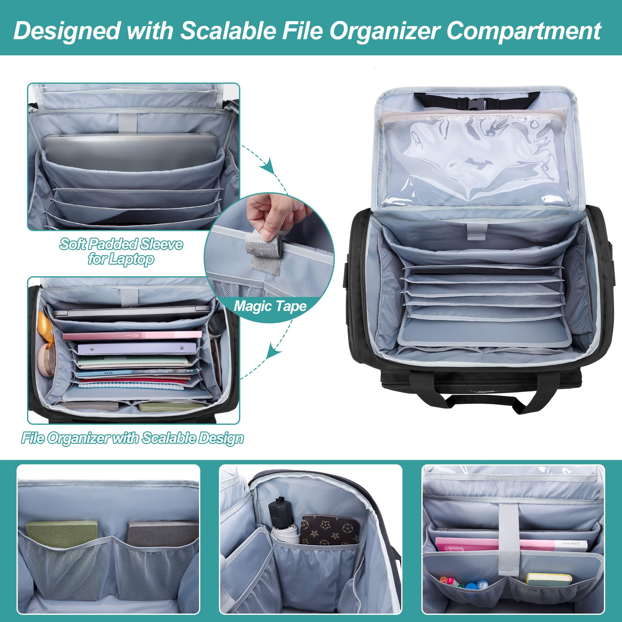 CURMIO Sac de Travail pour Enseignant, Sac à roulettes pour Professeur avec Compartiments de Dossiers Extensibles, Convient aux Ordinateurs Portables Jusqu'à 15,6", Noir (Design Breveté)