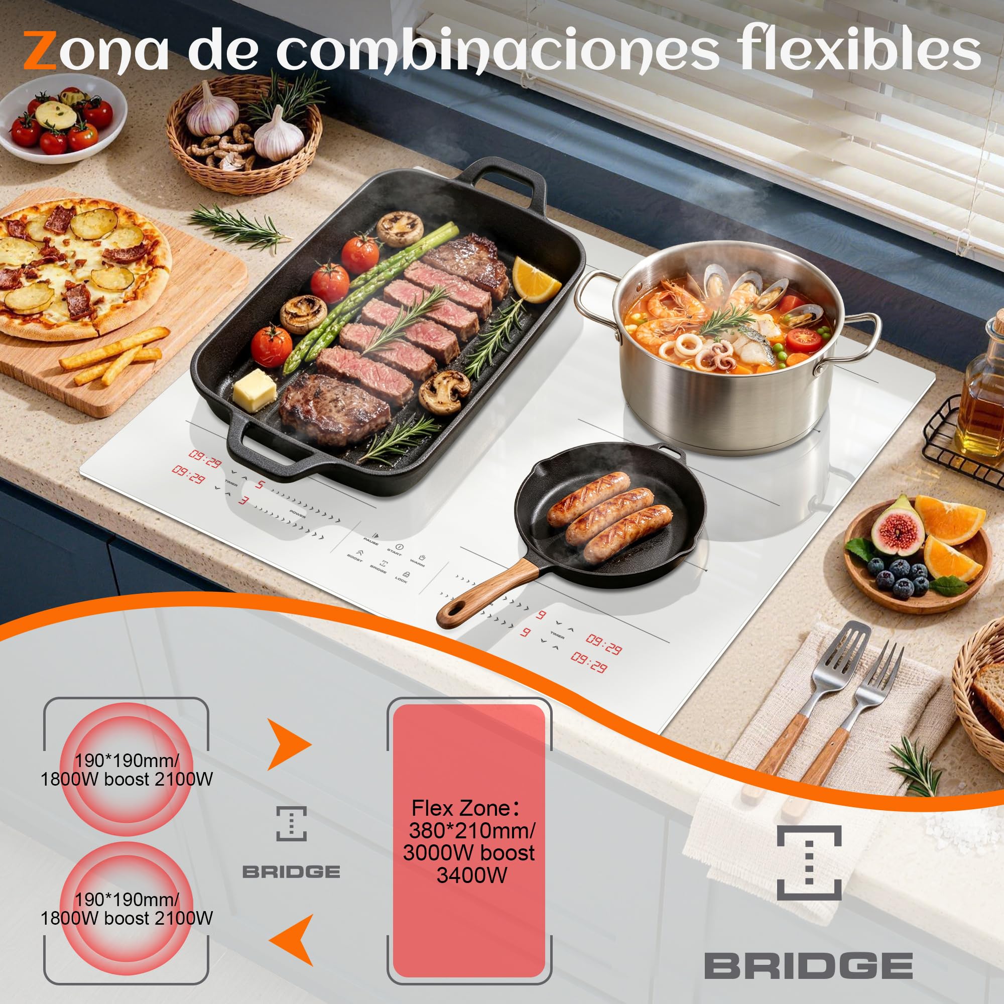 Hobsir Placa Induccion 4 Fuegos, Placa Induccion Blanca, Zona Flexible