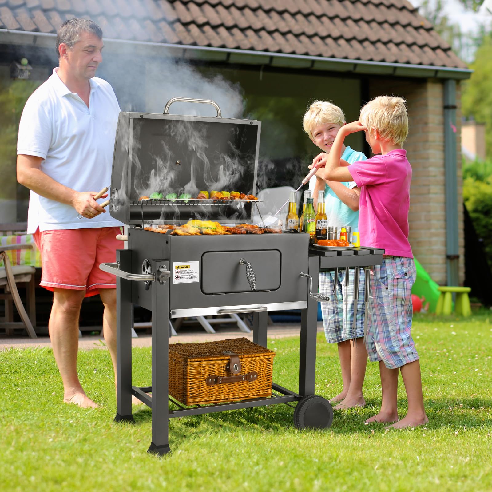 Barbecue Charbon de Bois XL, Chariot à Barbecue, Grill XL à Charbon avec Couvercle, 2PCS Roues, Thermomètre, Réglable en Hauteur, Grand Barbecue au Charbon de Bois, pour Camping et Jardin, Gris