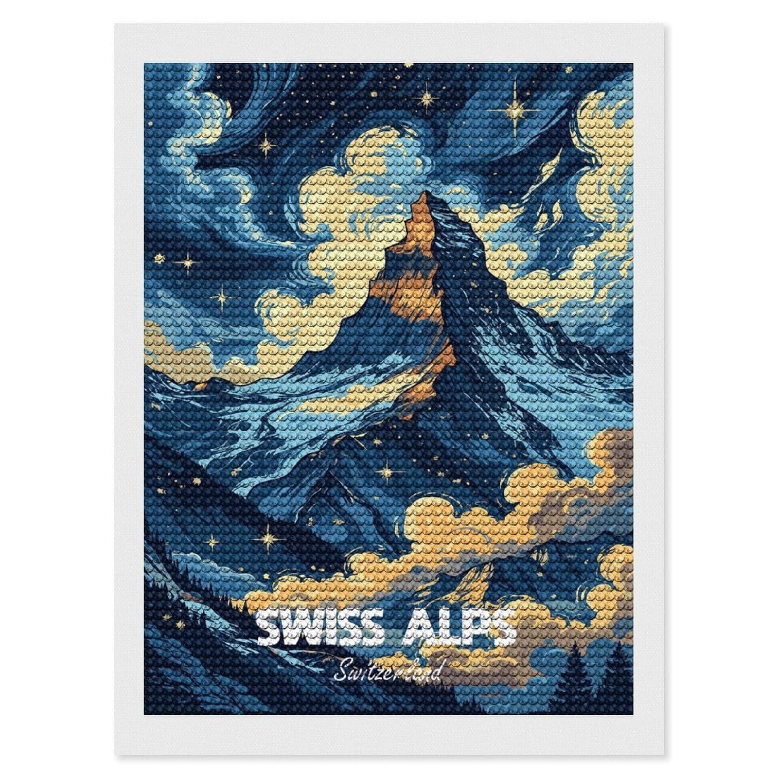 Junmoney Swiss Alps Switzerland Mountain Landscape Art Round Drill Diamond Painting 12"x16", for Women, Relaxing DIY Hobby, Bedroom Decor, Christmas Gift, Adhesive Canvas