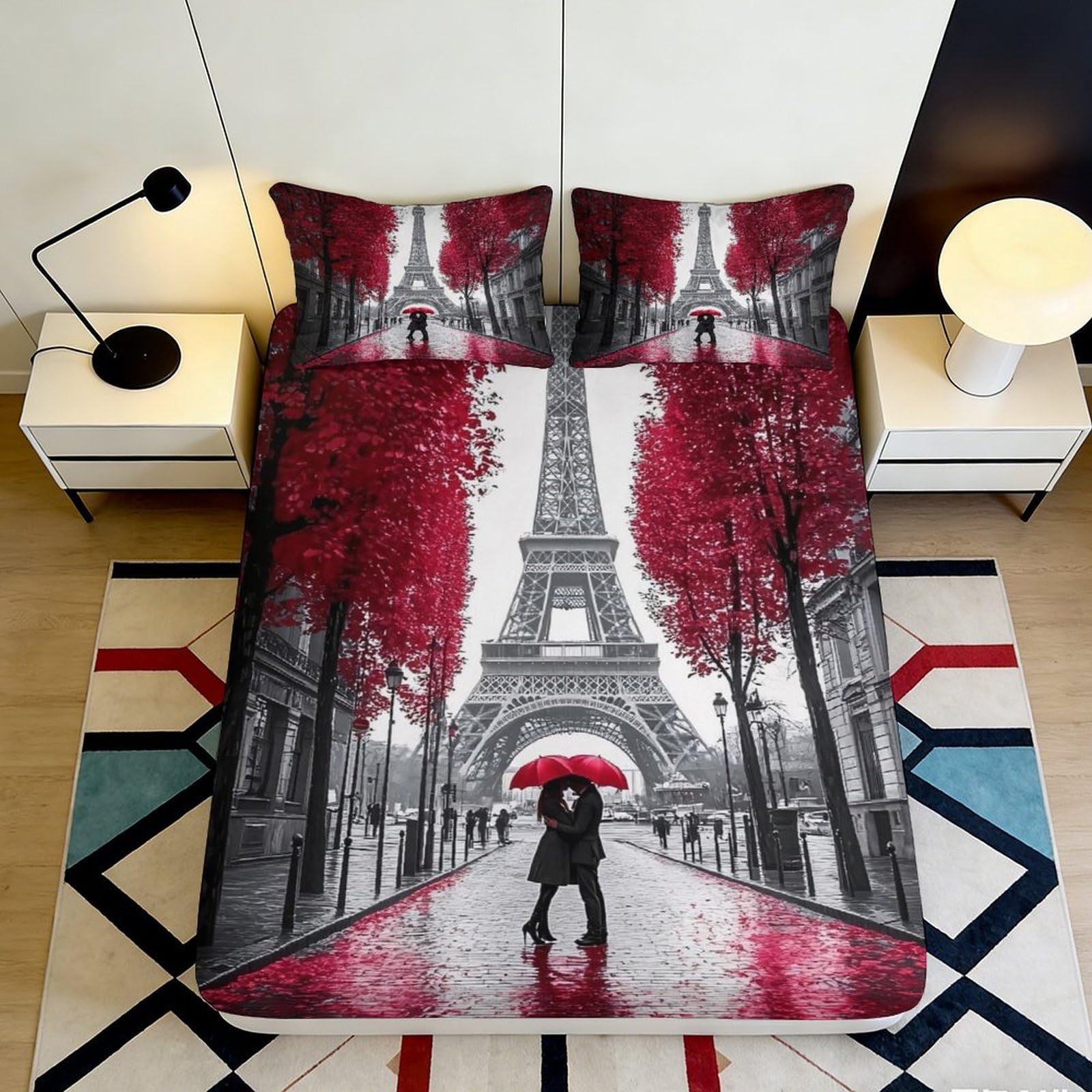 Tjiqhvmrn Style-3 3D Printed Paris Couple Microfiber Fitted Sheet Deep Pocket Non-Slip Paris Couple Mattress Fitted Cover For Bedroom Adults 90X200x25cm