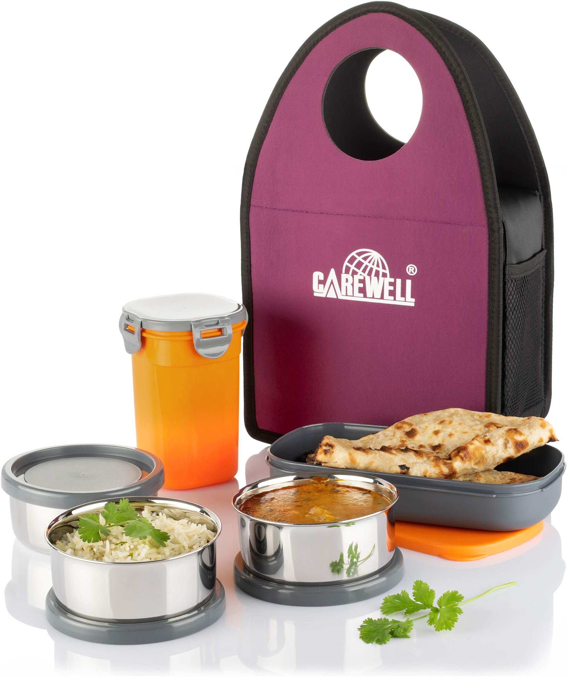 Wellcare Carewell Royal Pro 3 Containers with Small Box & Plastic Bottle Lunch Box (Purple-Orange,1500 ml)