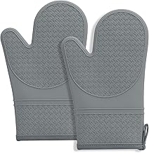 Silicone Oven Mitts, Oven Gloves with Non-Slip Waterproof - 2PCS Grey Oven Mittens Heat Resistant 600 Degree, Soft Lining Silicone Oven Mits for Cooking Baking Kitchen Mitten (Gray)