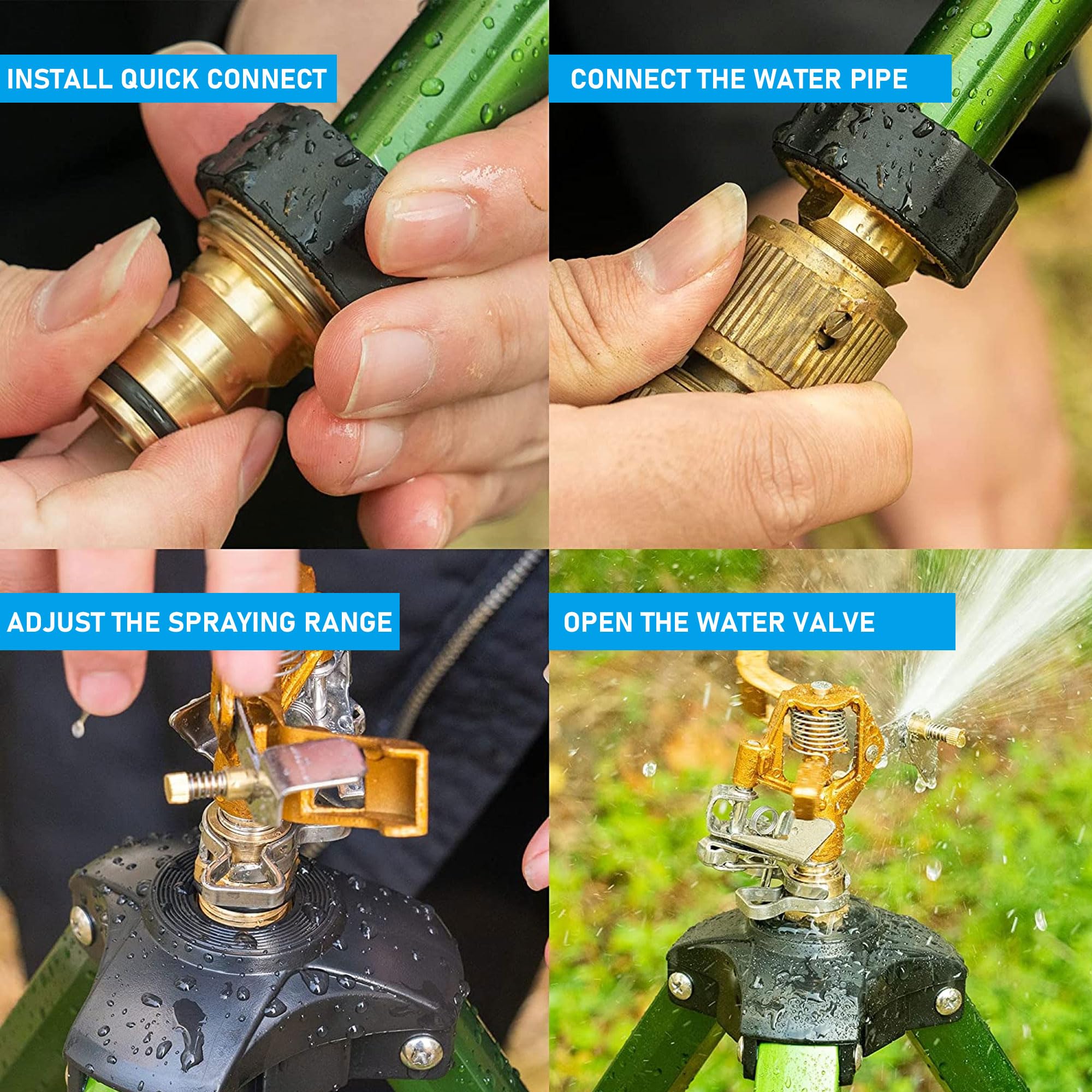 Aspersor de impacto en base de trípode, cabezal de aspersor de latón ajustable resistente para césped, patio, jardín, riego de área grande de 360 grados, patas de extensión de conector