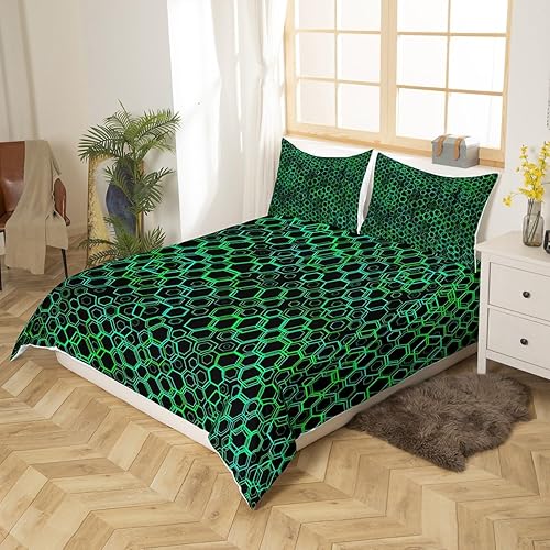 Miniatura 3 de Erosebridal Juego de ropa de cama hexagonal geométrica tamaño King para adolescentes y niños, funda de edredón de nido de abeja verde y negro, funda