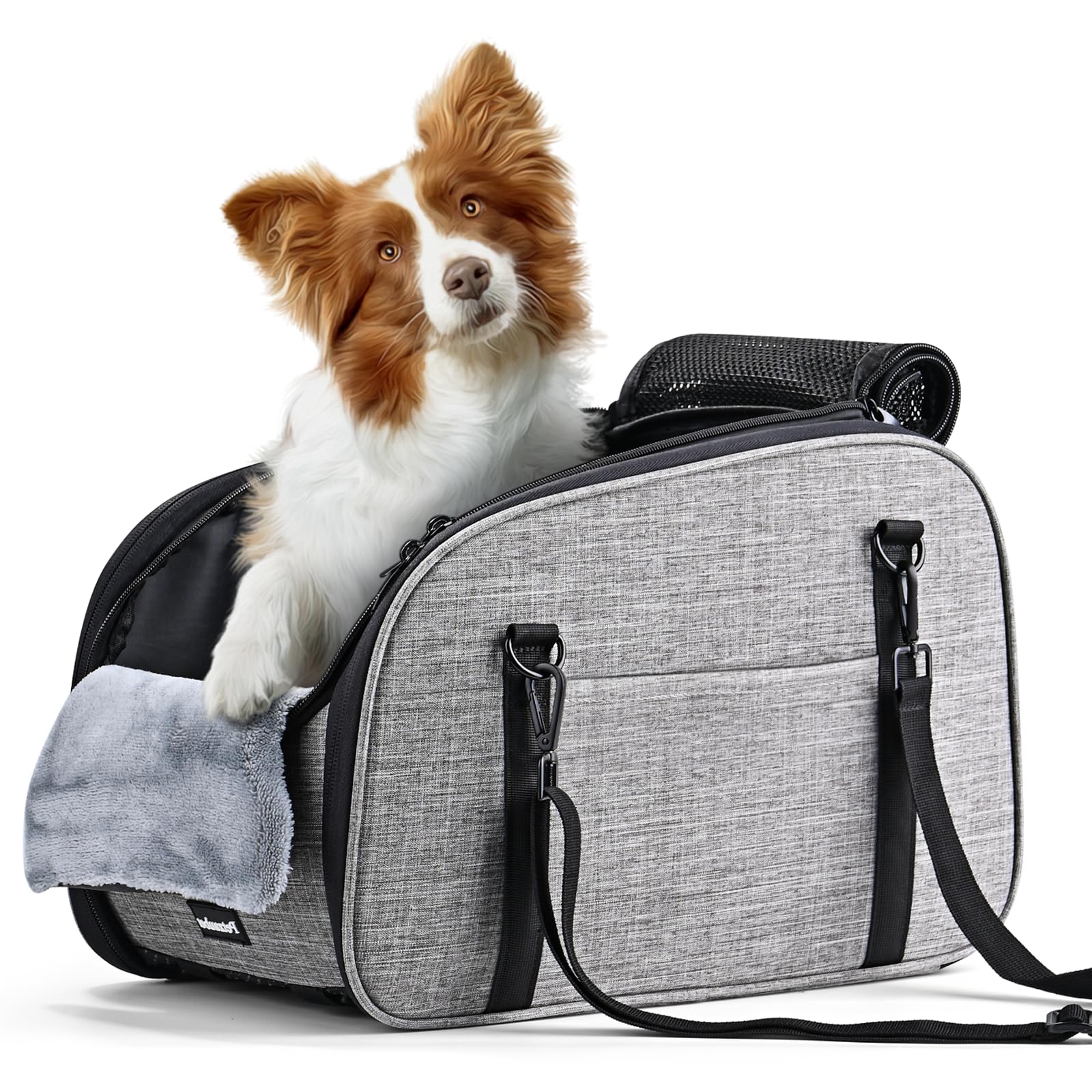 Petzauber Dog Car Seat for Small Dog - Center Console Dog Car Seat with Double Protection Safety Belt and Non-Slip Bottom, Portable Pet Booster Seat with Washable Cushion & Storage Pocket, Grey