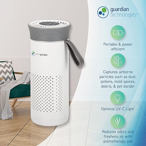 Miniatura 2 de GermGuardian Purificador de aire de alérgenos portátil para espacios pequeños con cable USB, captura polvo, polen, esporas de moho, luz UV-C ayuda a
