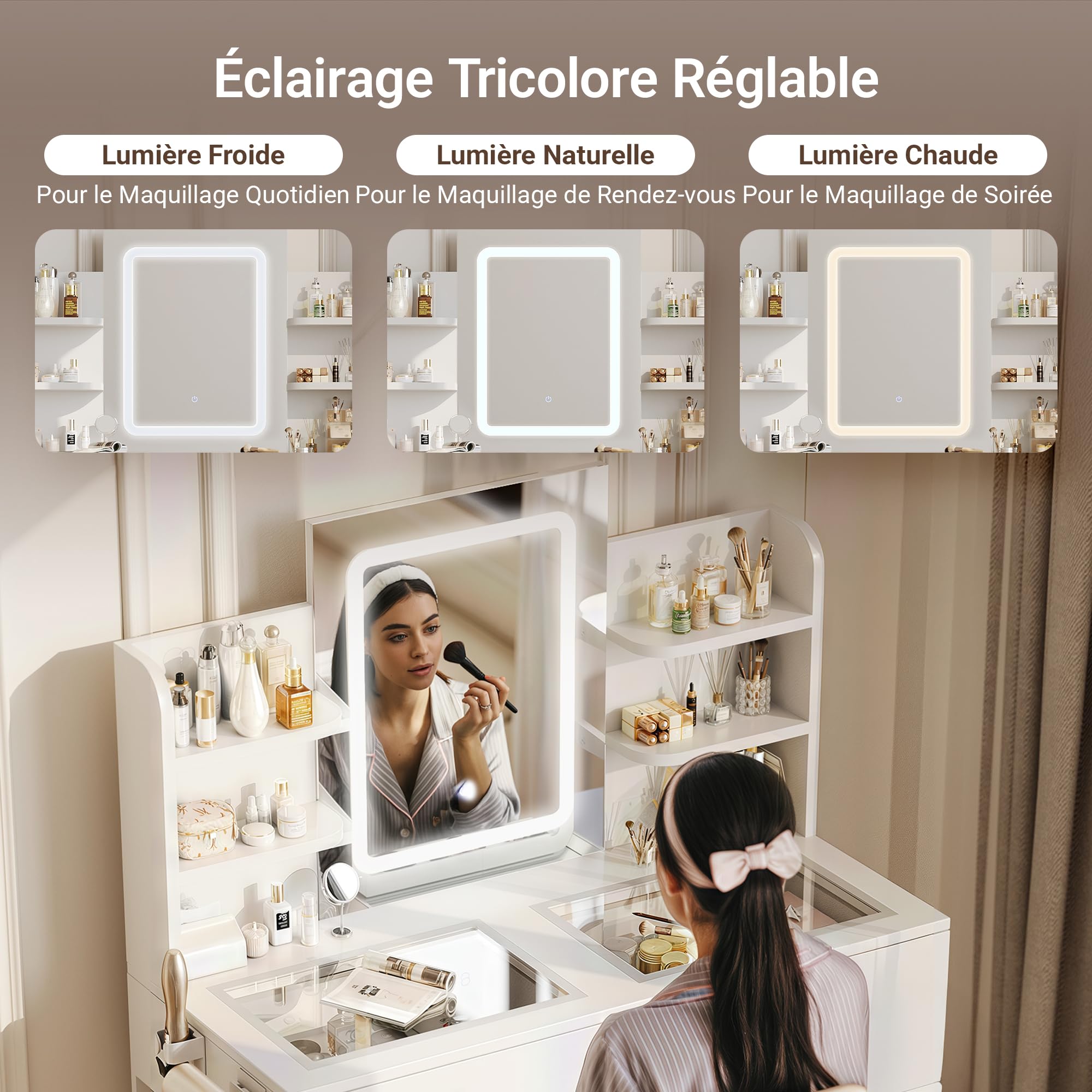 Claiks Coiffeuse avec Miroir éclairé par LED, 90 x 40 x 125 cm, Luminosité Réglable et 3 Couleurs de Lumière, Coiffeuse avec Plateau en Verre Transparent, 2 Tiroirs et 4 étagères de Rangement, Blanc