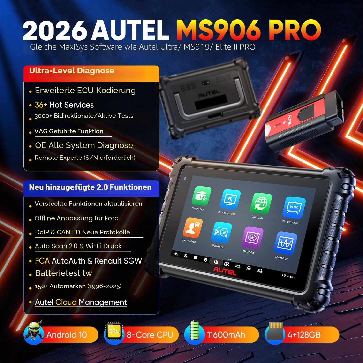 Autel 2026 MaxiSYS MS906 PRO 2.0 Diagnosegerät, MS906PRO OBD2 Scanner Upgrade für MP900BT MS906BT MS908, Steuergerätecodierung, 3000+ Tests, 36+ Service, CAN FD DoIP, VAG Anleitung, AutoScan 2.0, OS10