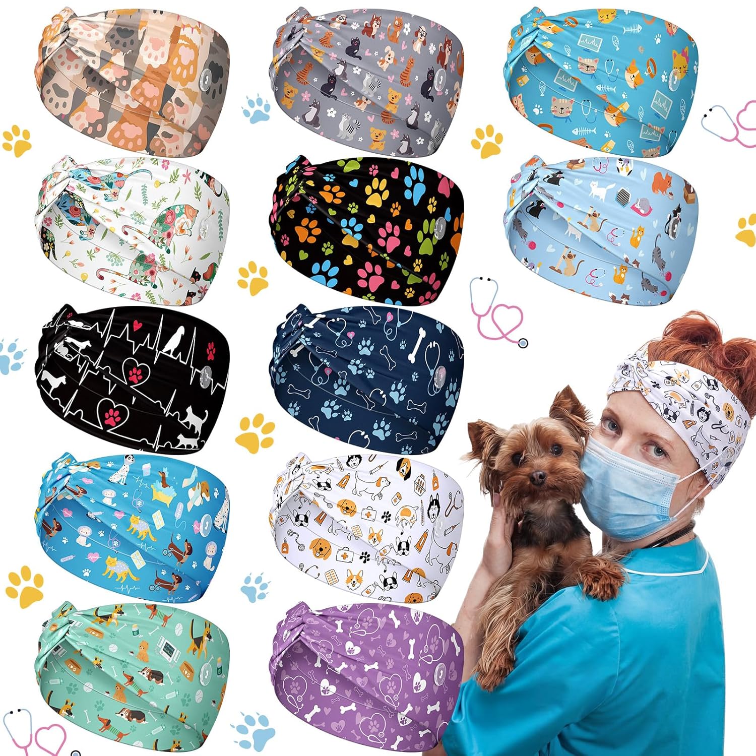 12 Pcs Veterinary Headbands for Women Non Slip Pet Nurse Vet Tech Headbands with Buttons Paw Print Bone Twist Hair Bands for Animal Lovers Dog Mom Nurse Gifts (Classic Style)