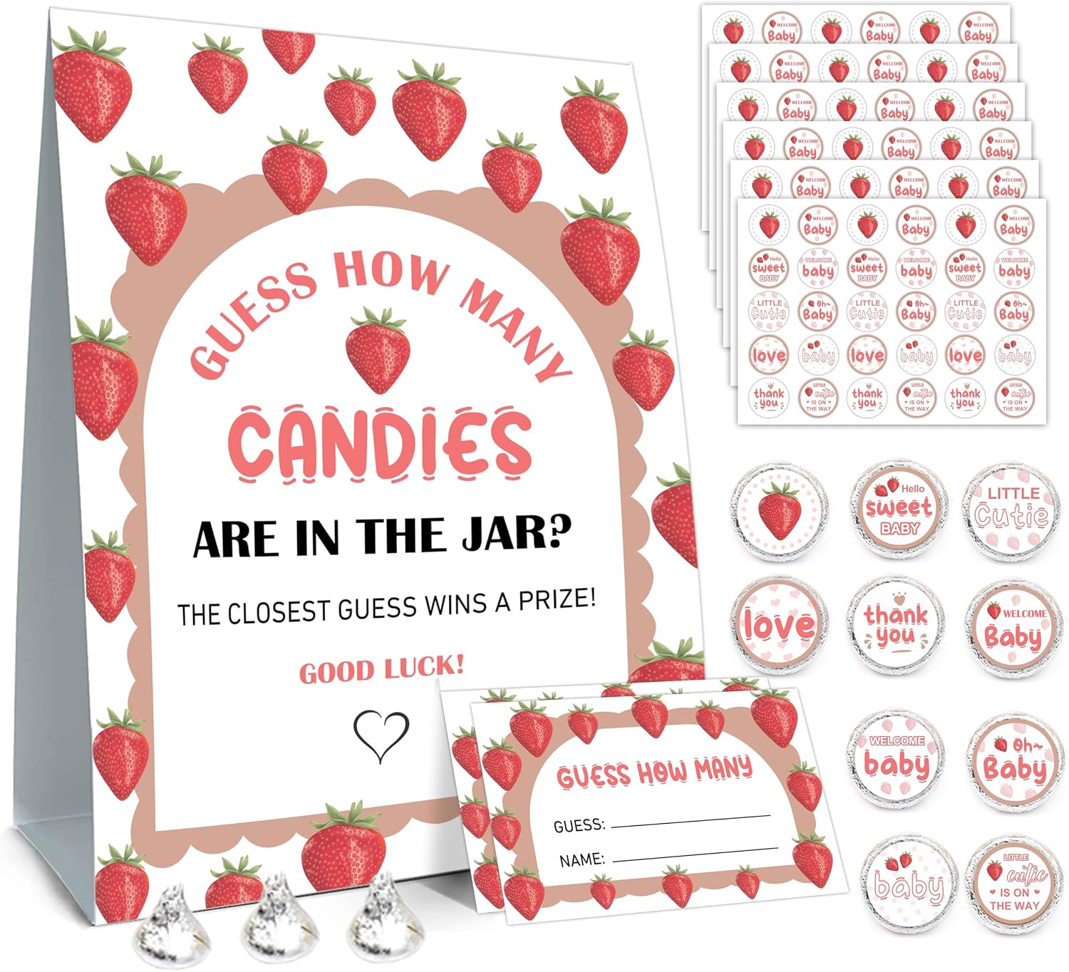ALodr Winnie Guess How Many Candies Baby Shower Games, Includes ‘Guess How Many Candies’ Standing Sign, 50 Guest Guess Cards & 180 Stickers, Baby Shower Party Decorations Supplies
